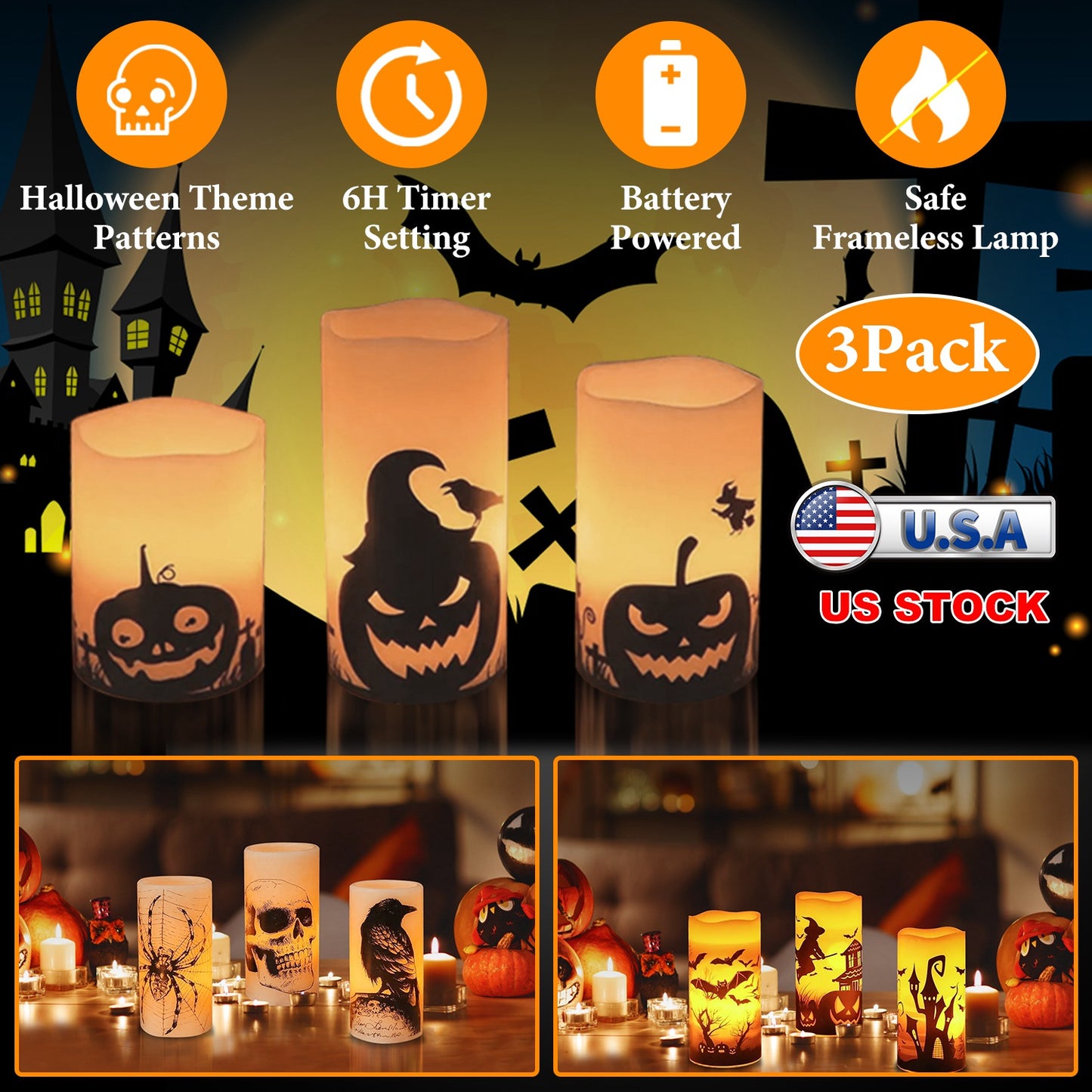 Flameless Halloween Candles with Timer - 3 Pack LED Battery Operated