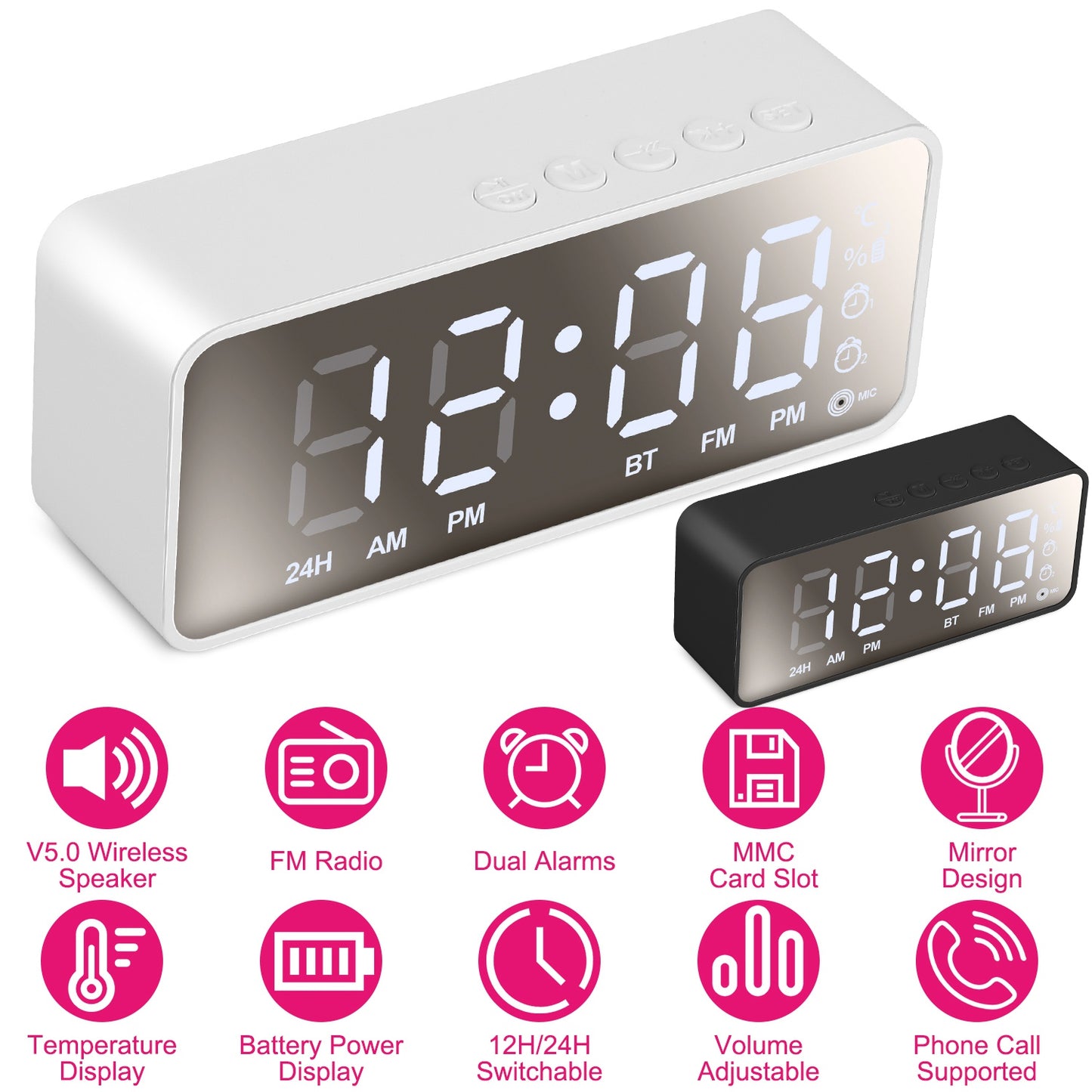 Mirror Digital Alarm Clock with Bluetooth Speaker & FM Radio
