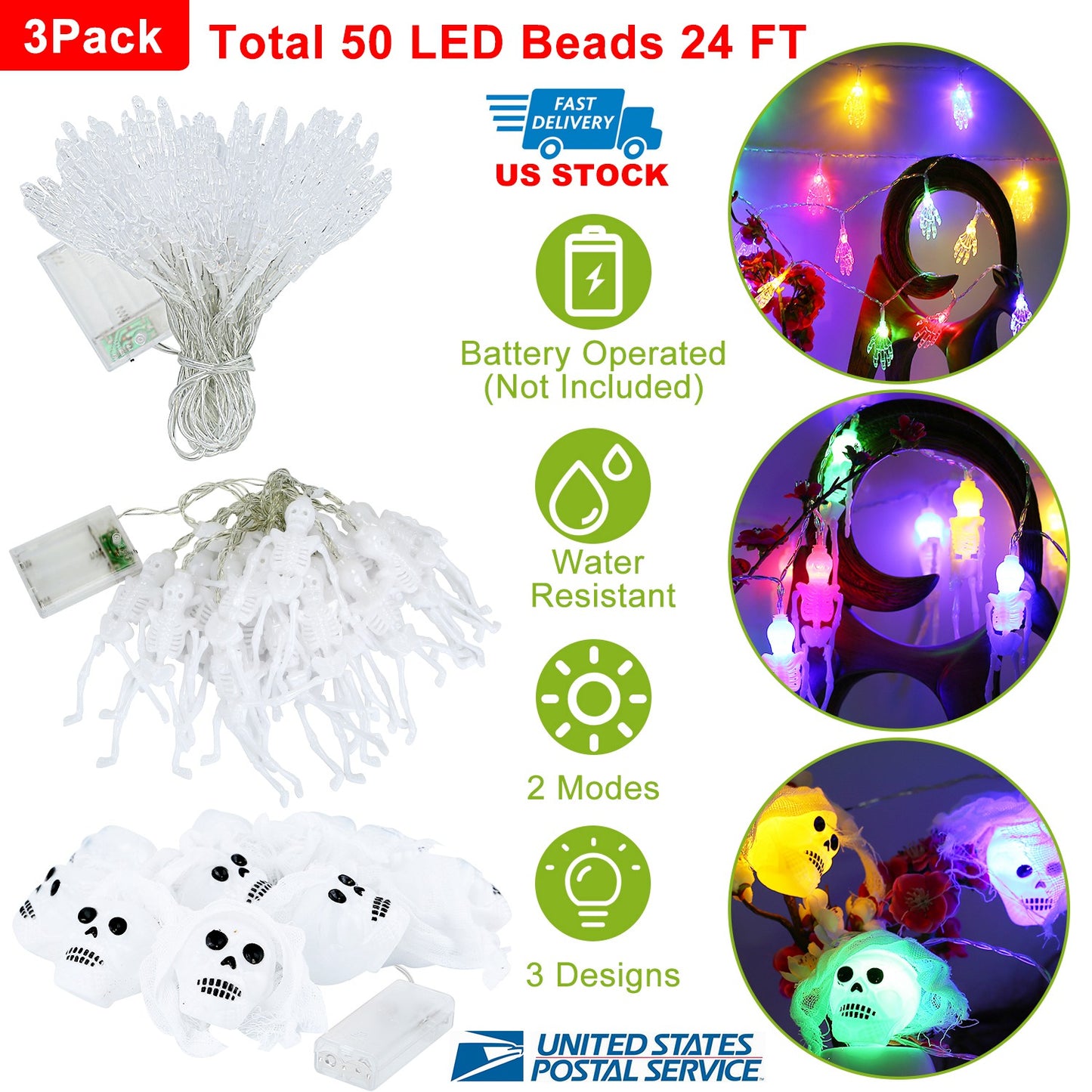 Halloween String Lights Set - 50 LED 24ft 3-Pack Decorations