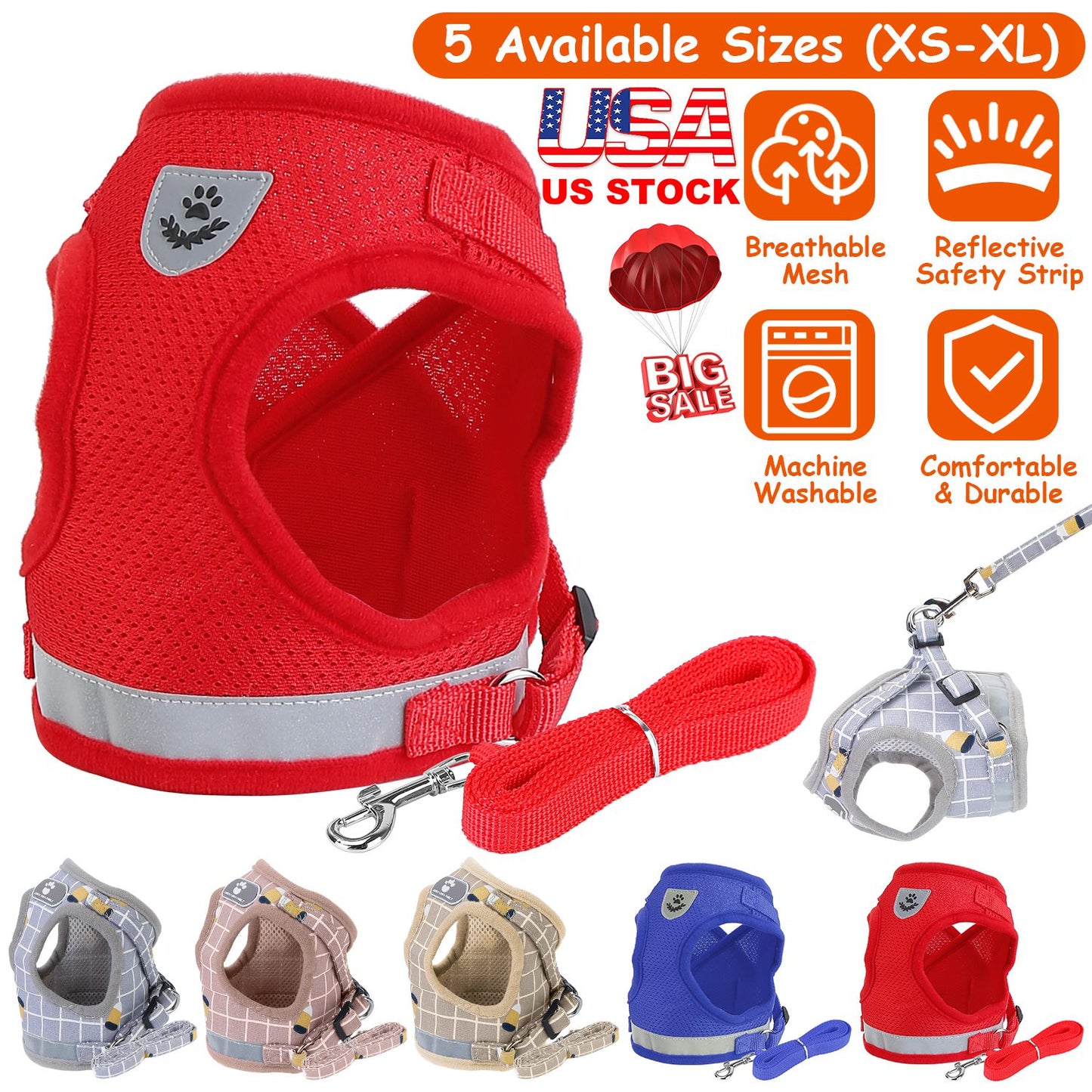 Reflective Dog Harness and Leash Set with Adjustable Mesh Vest