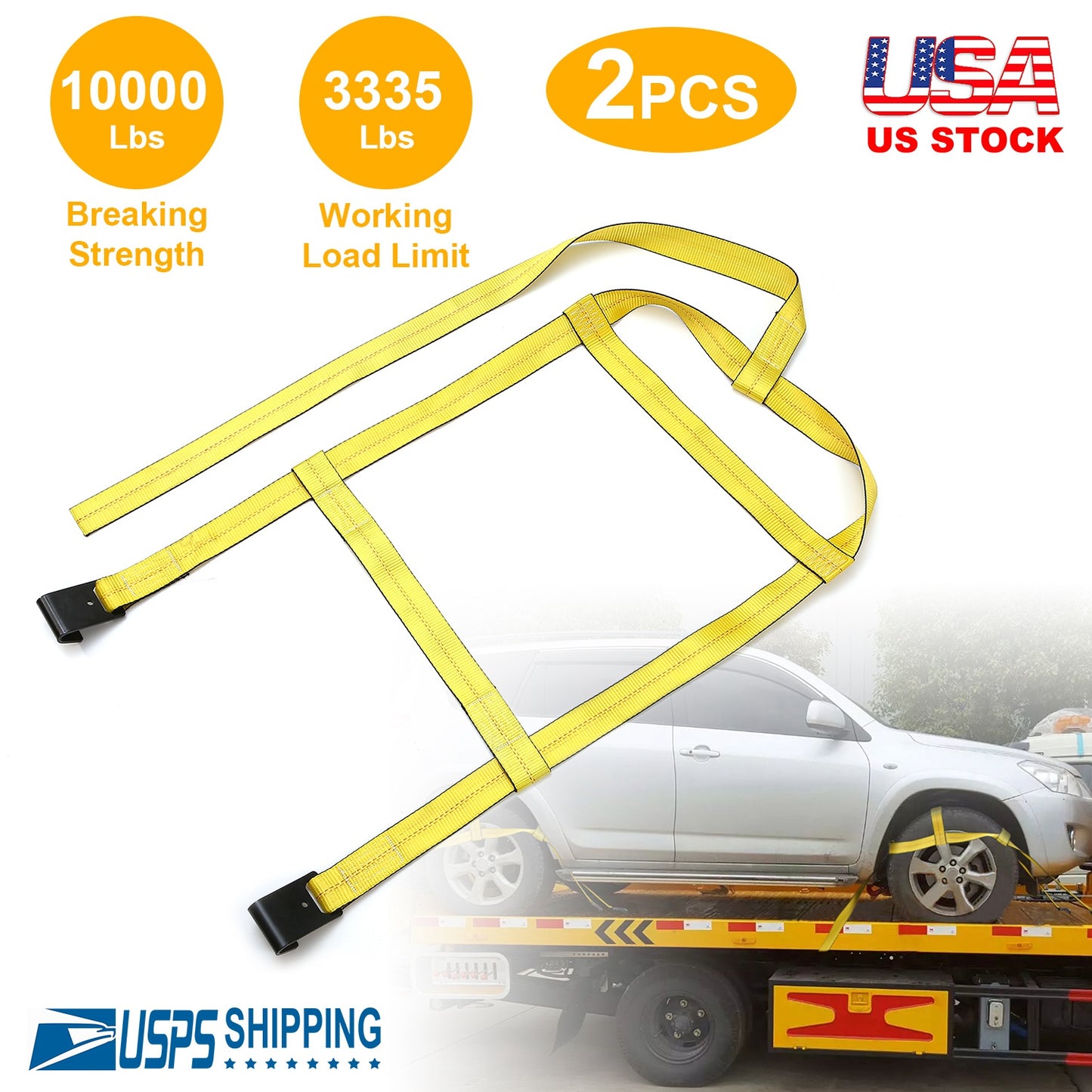 Adjustable Tow Dolly Tire Basket Straps with Flat Hooks (2-Pack)