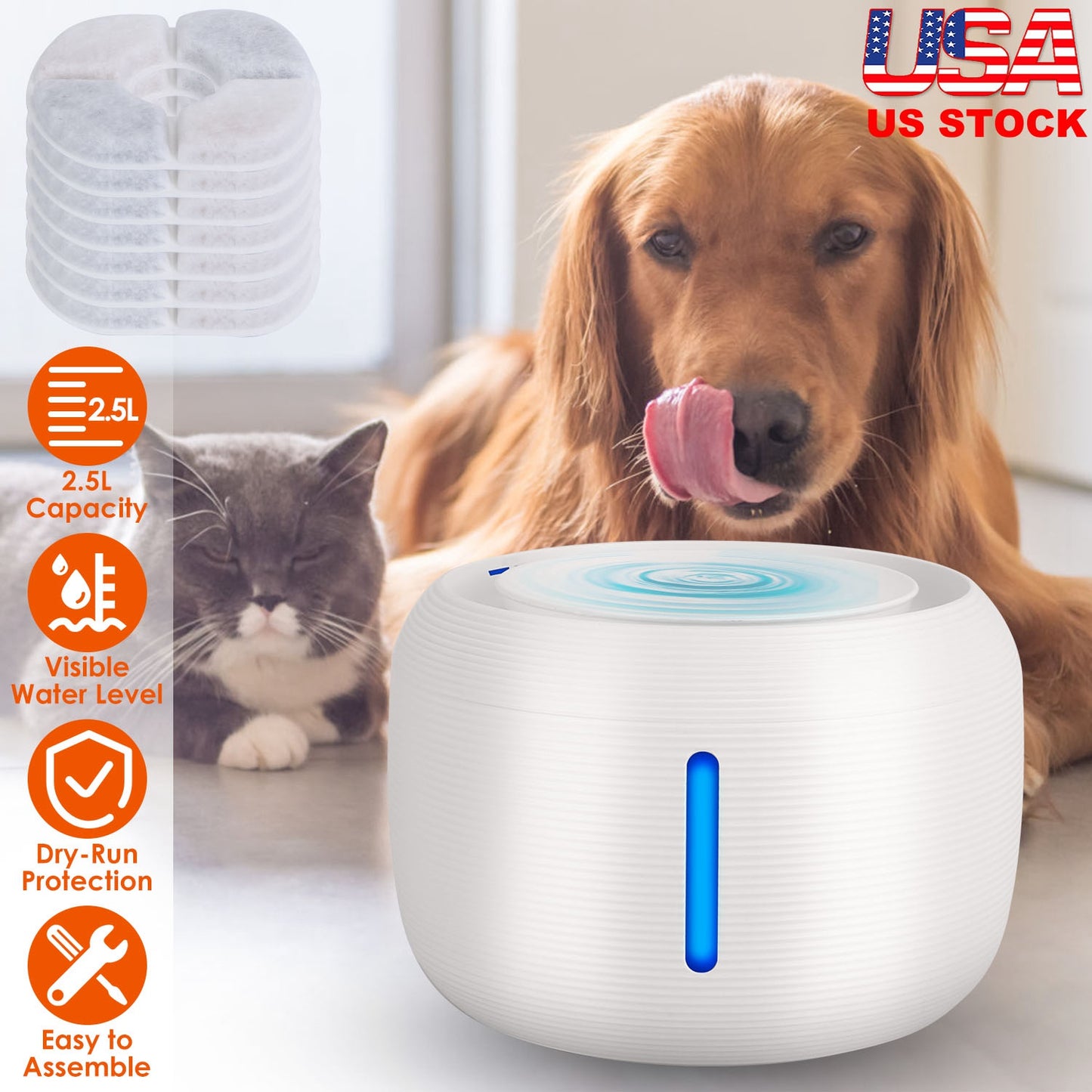 Pet Water Fountain with LED Light and Filters, 2.5L