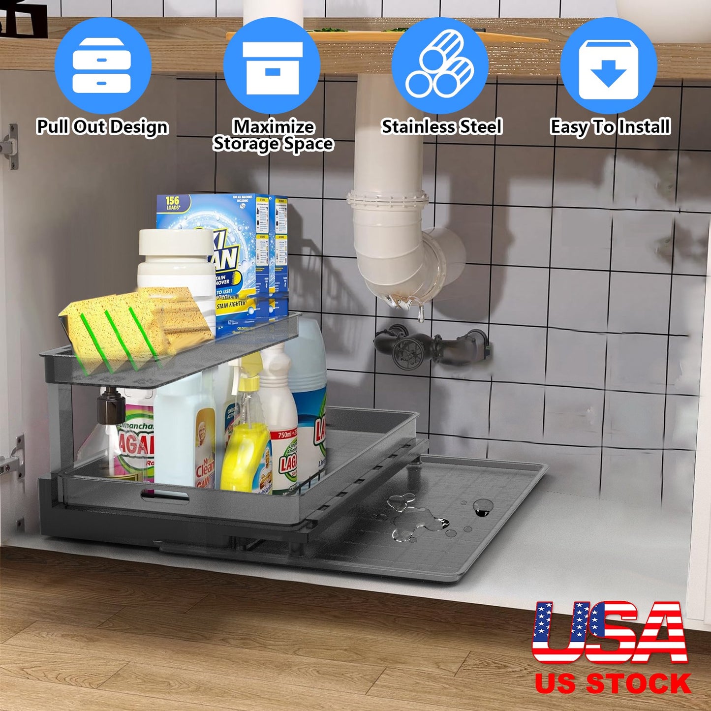 2-Tier Pull Out Under Sink Organizer with Sliding Drawer