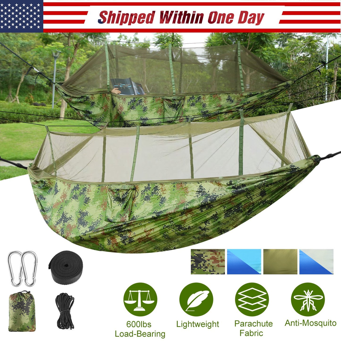 Camping Hammock with Mosquito Net - 600lb Capacity for 2 People