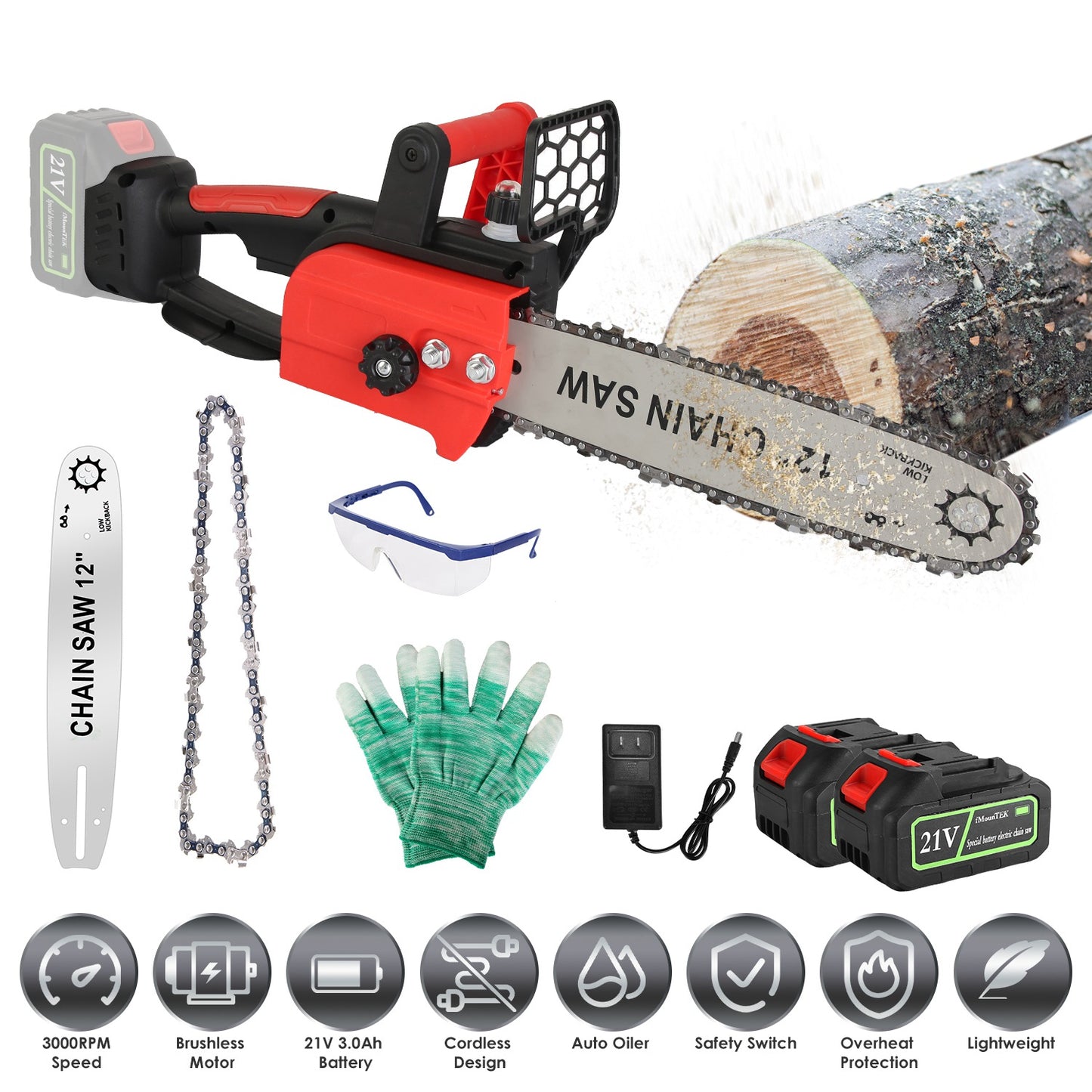 12-Inch Cordless Electric Chainsaw with 2 Batteries & Charger