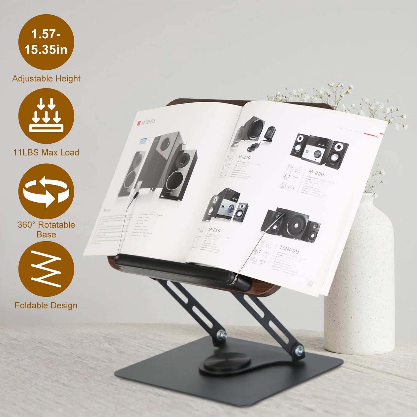 Adjustable Book Stand with 360° Rotatable Base & Paper Clips