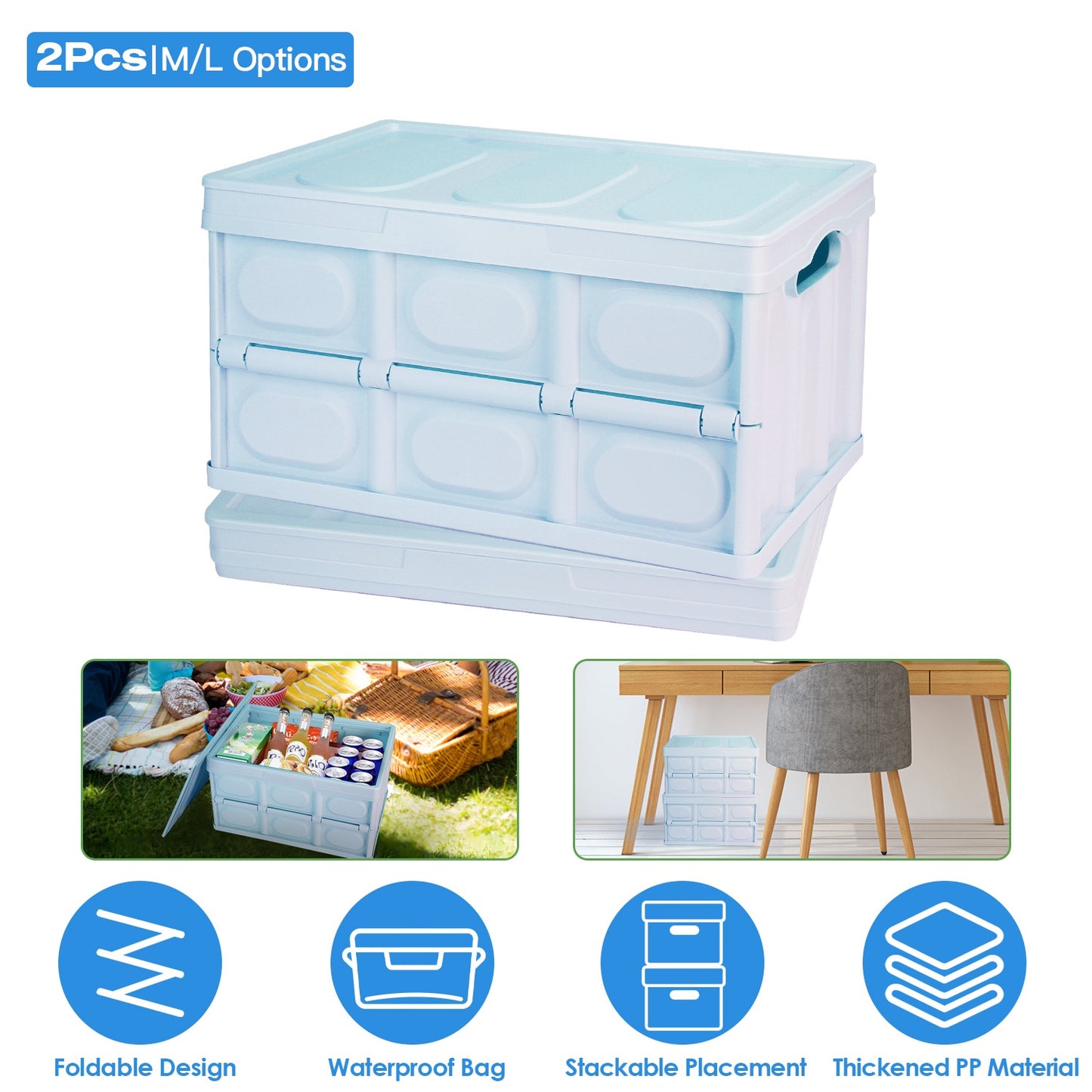 Collapsible Storage Bins with Lids - 2 Pack Stackable Organizer