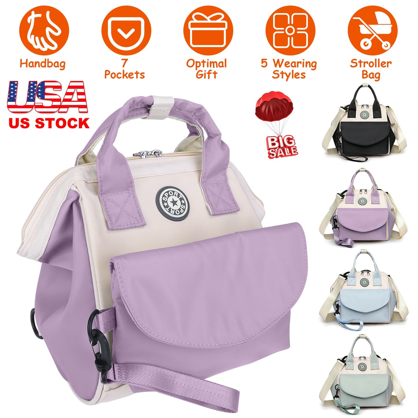 Diaper Bag with 6 Pockets and Detachable Small Bag