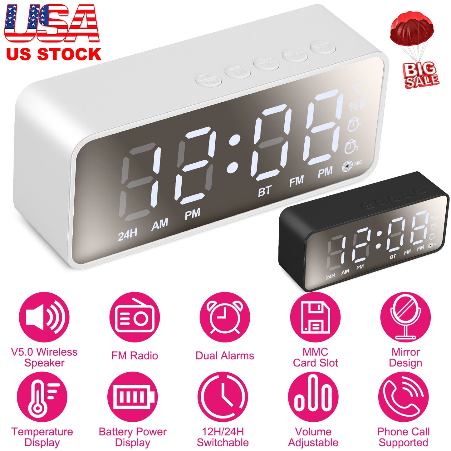 Mirror Digital Alarm Clock with Bluetooth Speaker & FM Radio