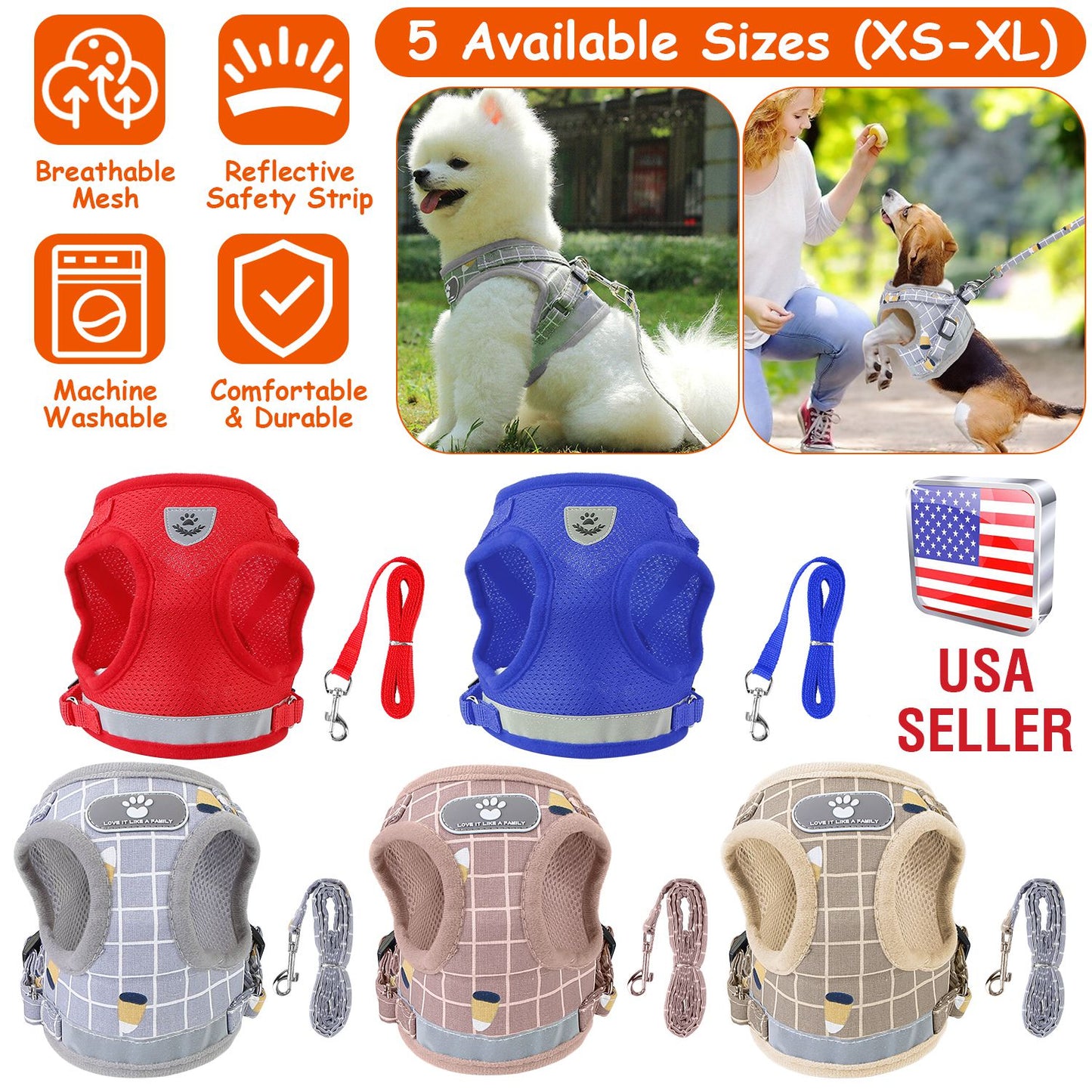 Reflective Dog Harness and Leash Set with Adjustable Mesh Vest