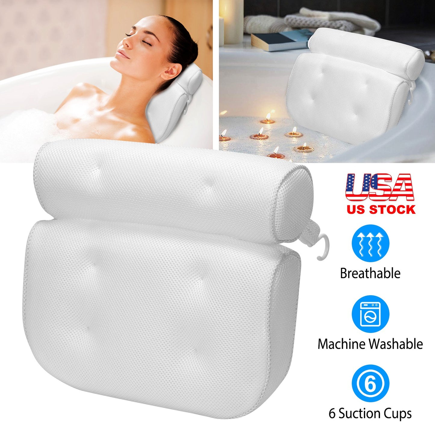 Bath Pillow with Suction Cups for Neck and Head Support