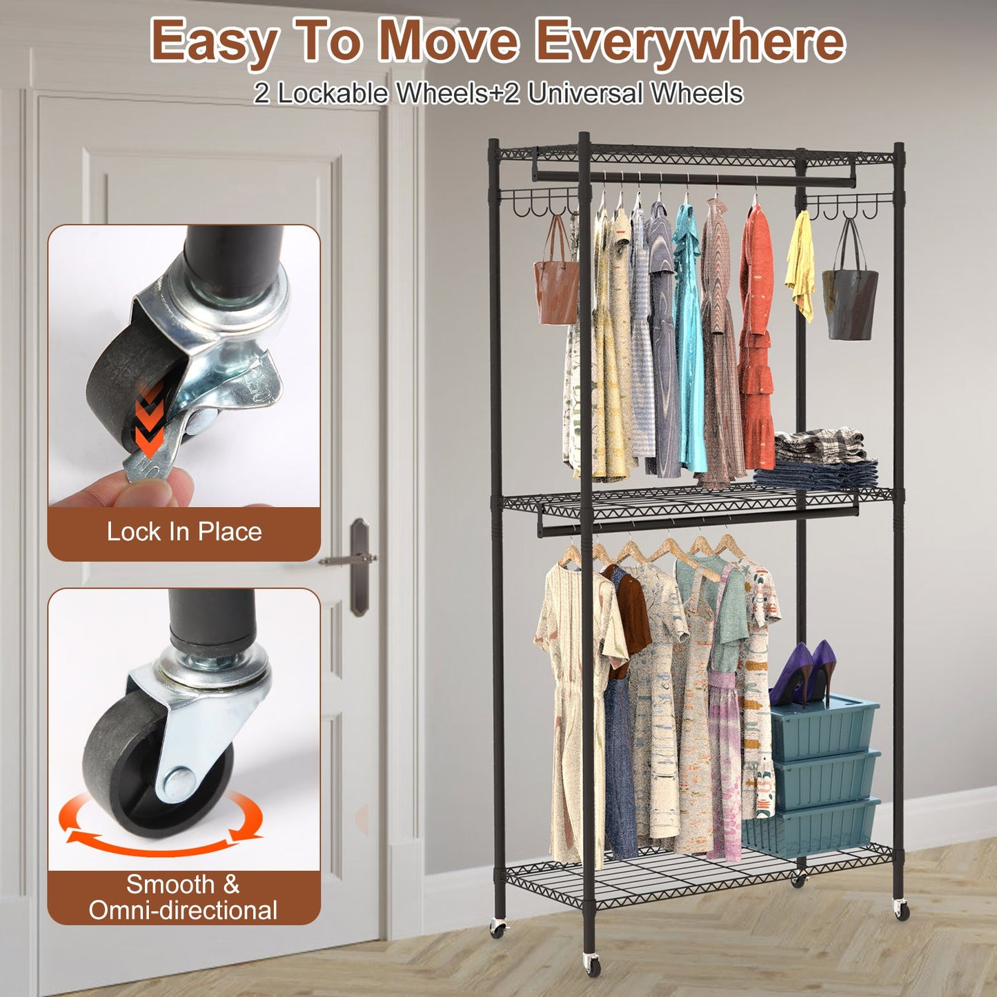 2-Tier Portable Clothing Rack with Cover and Wheels