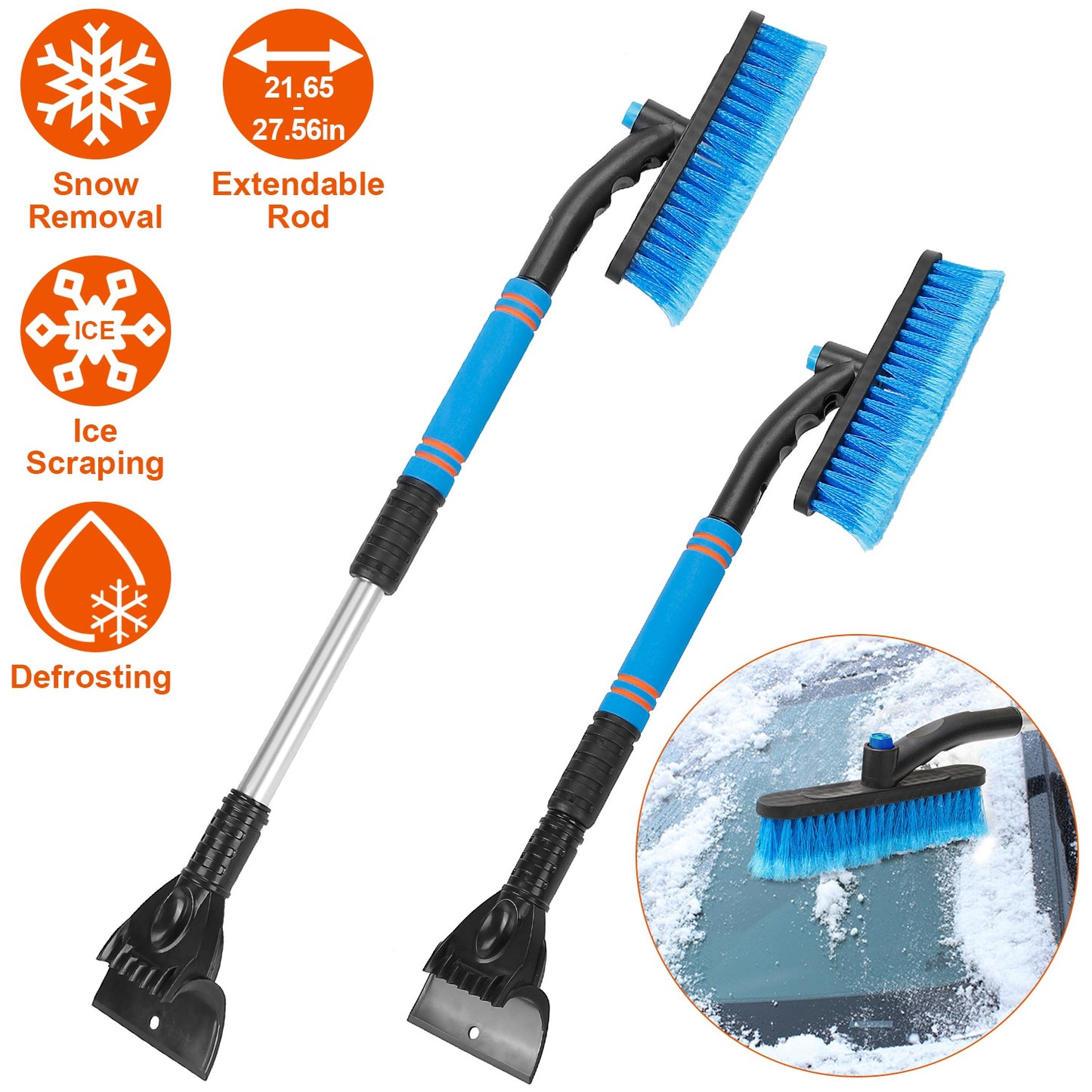 Extendable Snow Brush and Ice Scraper with Pivoting Head