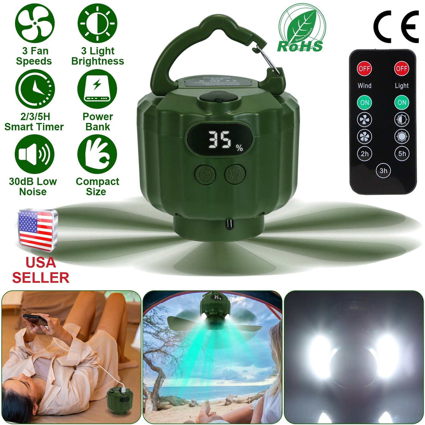 Portable Camping Ceiling Fan with LED Light & Power Bank