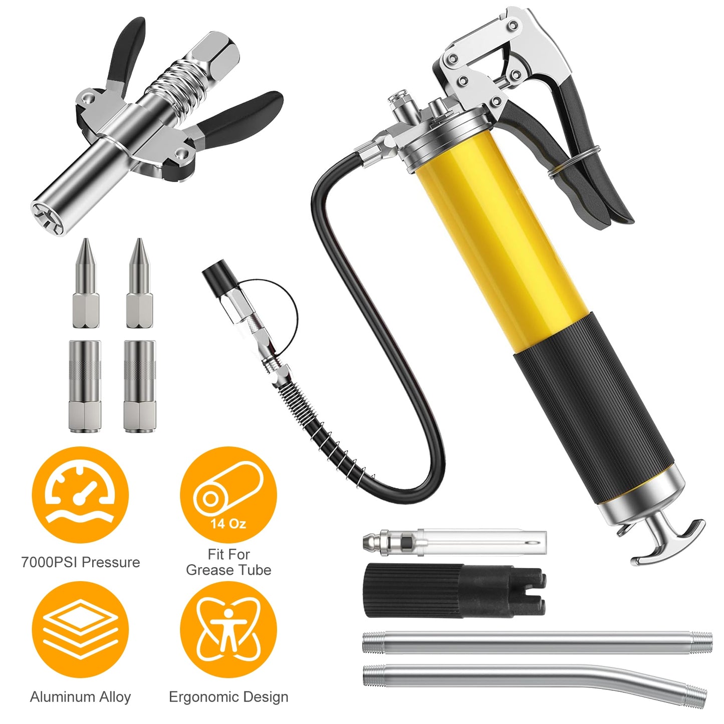 Grease Gun Kit 14 Oz 7000 PSI High Pressure with Flex Hose