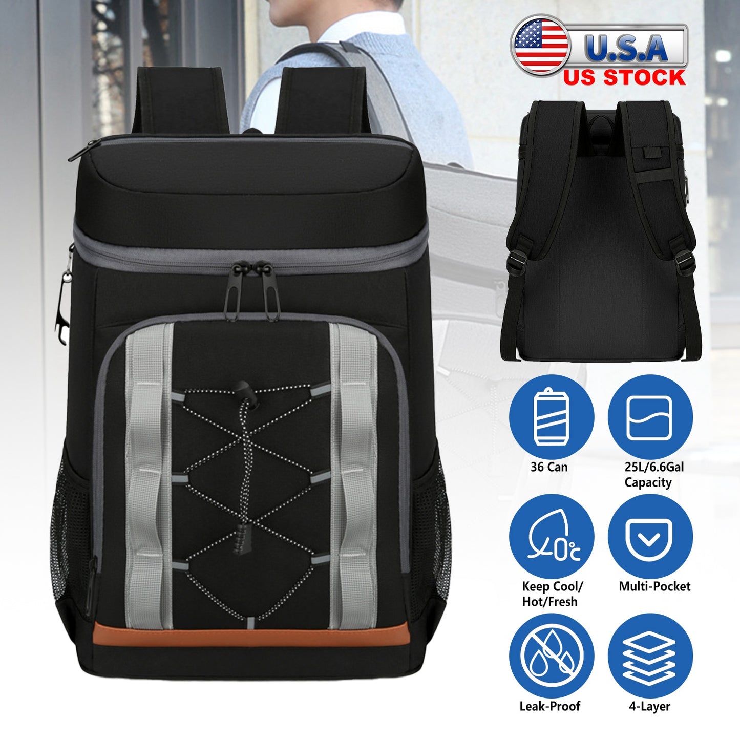 Insulated Cooler Backpack 36 Can Leakproof with Bottle Opener