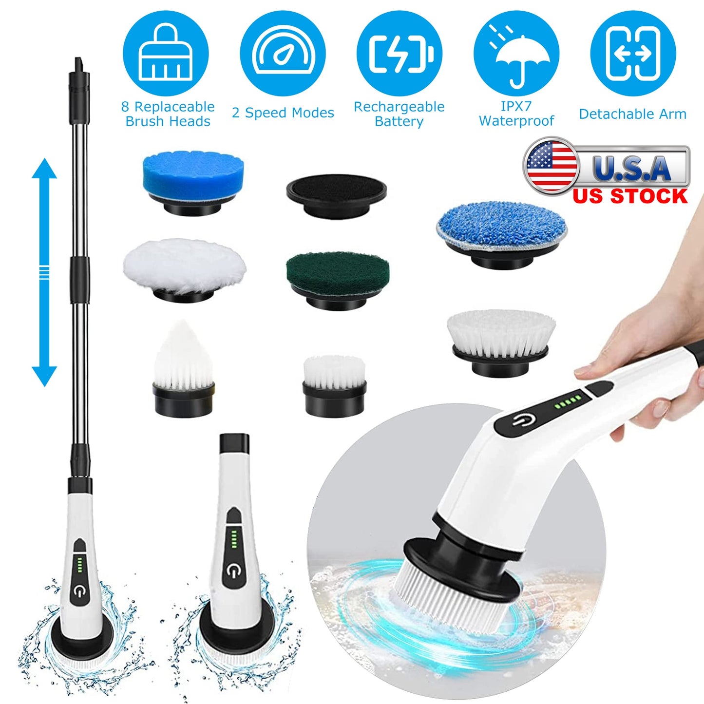 Electric Spin Scrubber with 8 Brush Heads & Telescopic Arm