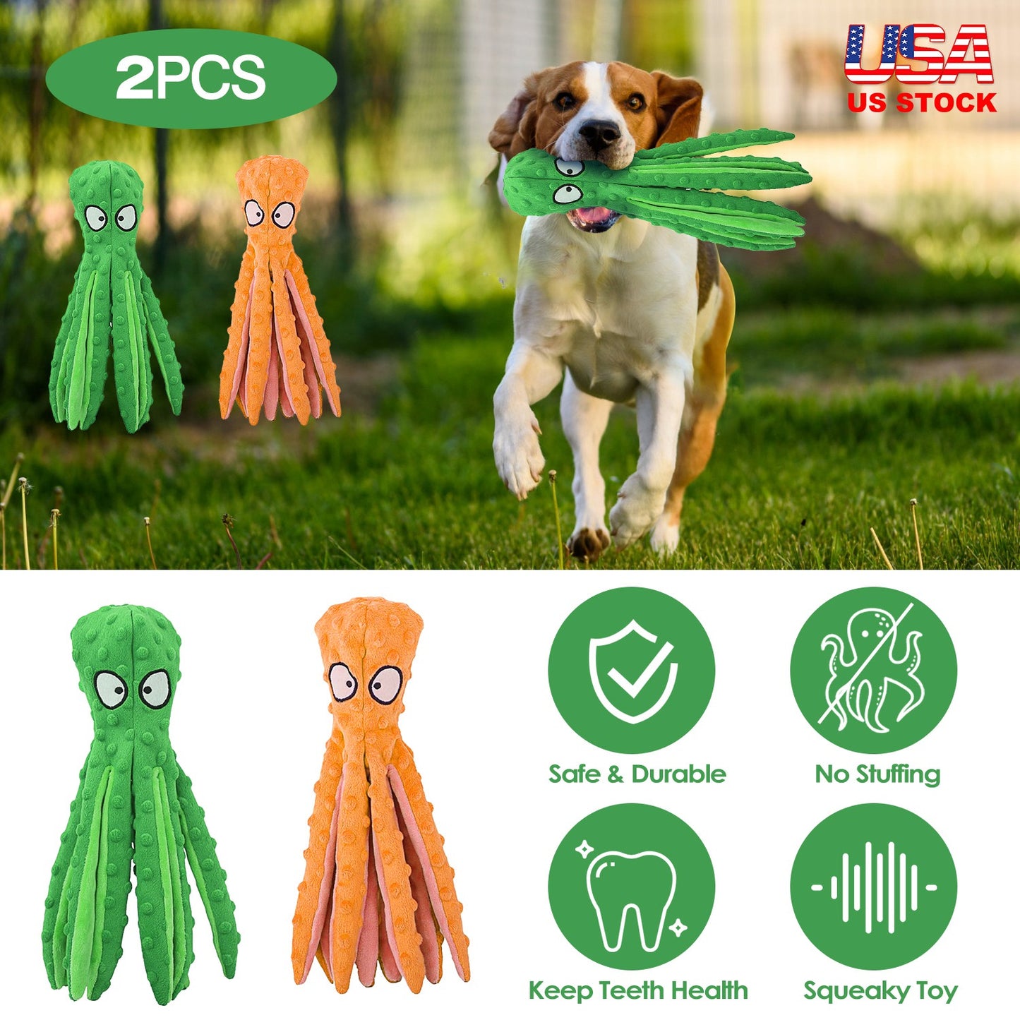Squeaky Octopus Dog Toy Set - No Stuffing Crinkle Plush