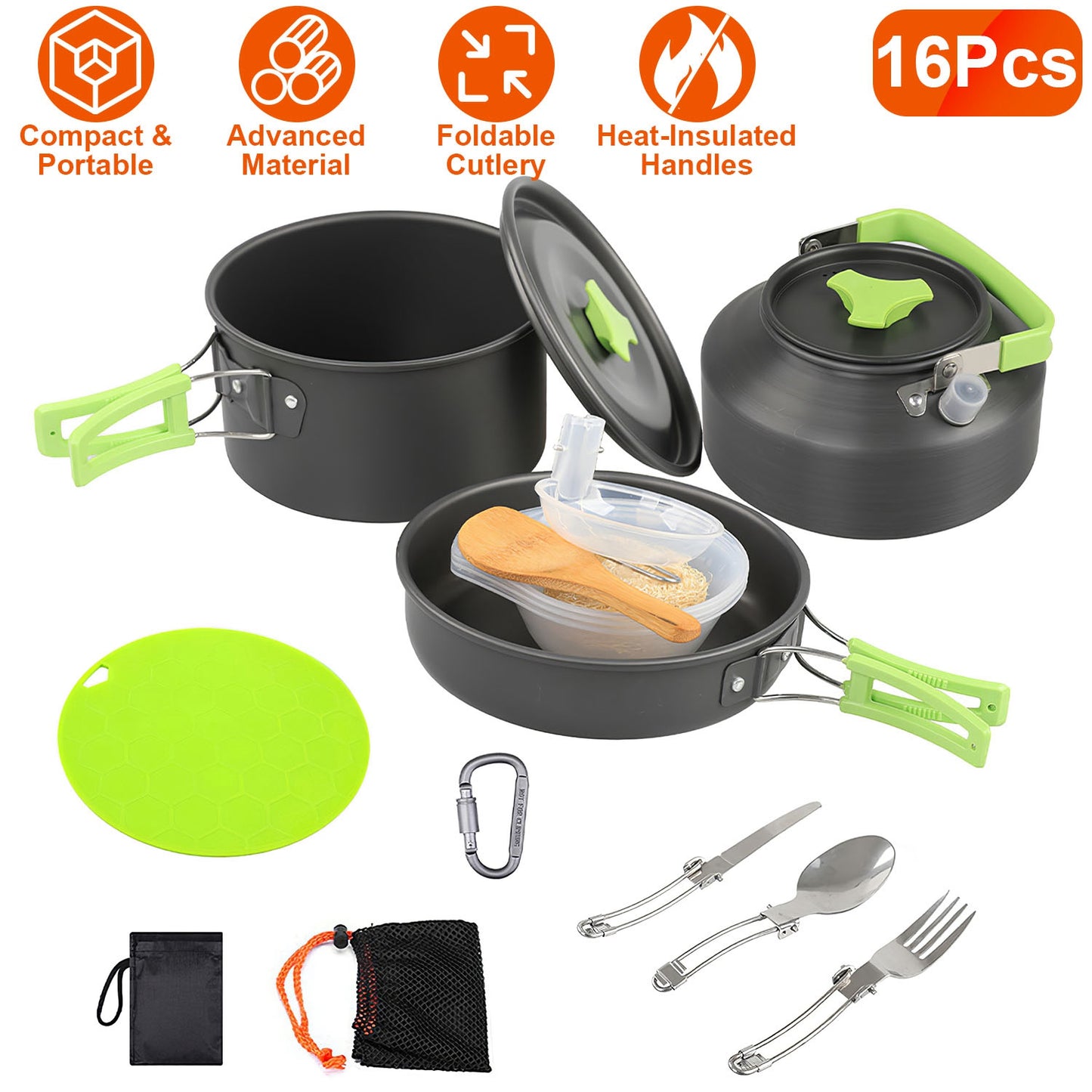 16-Piece Camping Cookware Set with Pot, Pan & Kettle