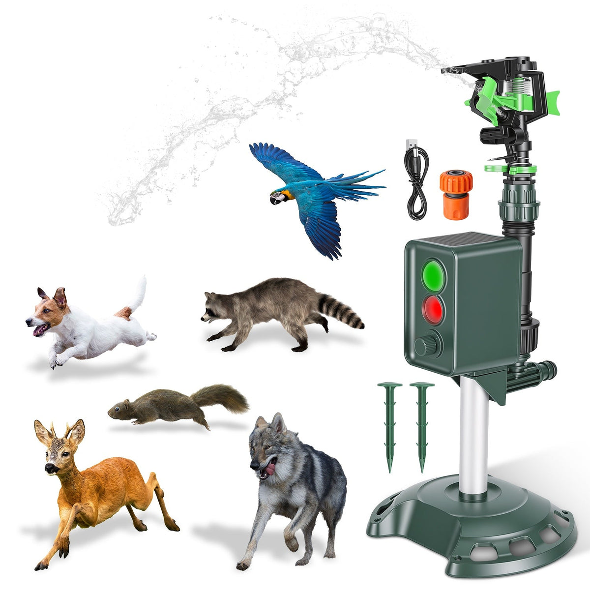 Solar Motion Sensor Animal Repellent Sprinkler with LED Light