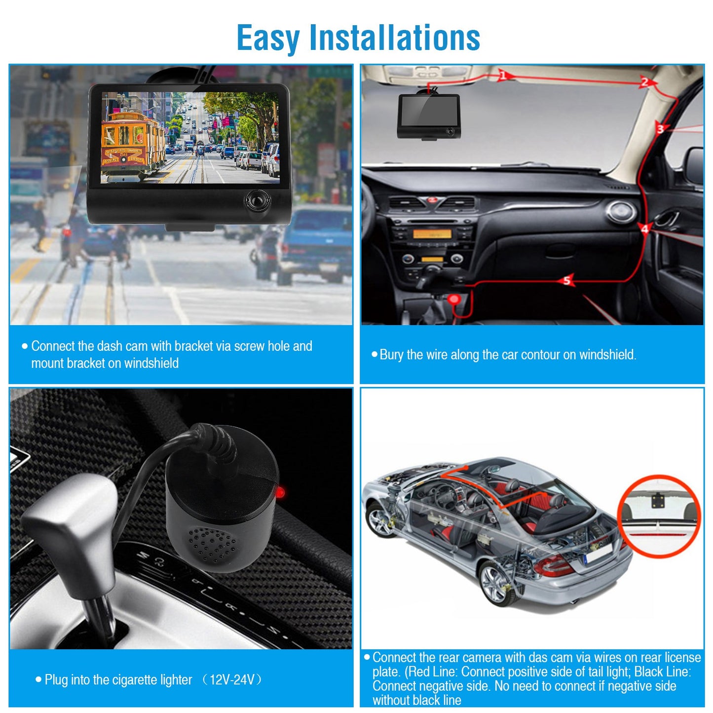 Dash Cam 3-Lens 1296P Front Rear Interior 4" Screen