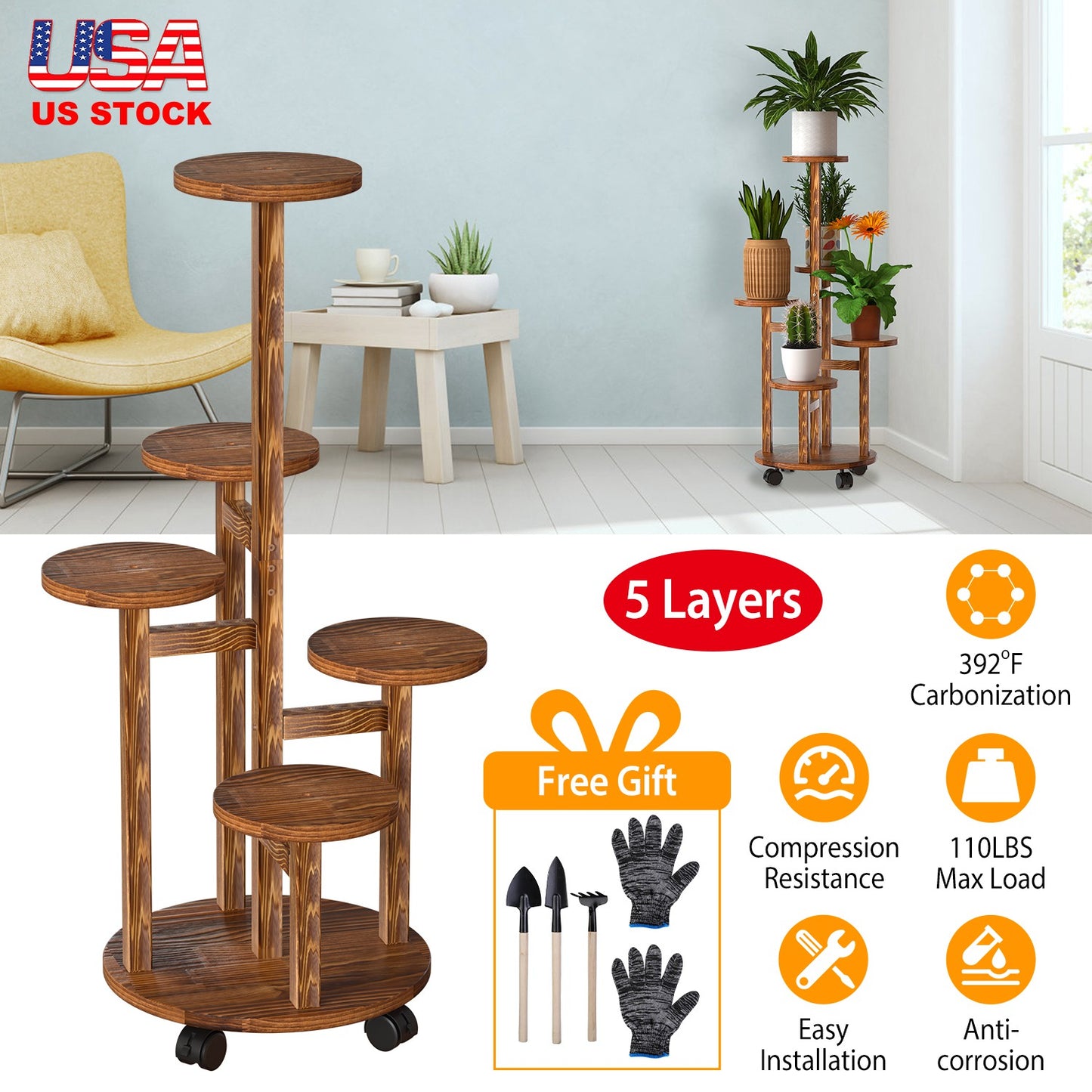 5 Tier Rolling Plant Stand with Wheels for Indoor Outdoor Use