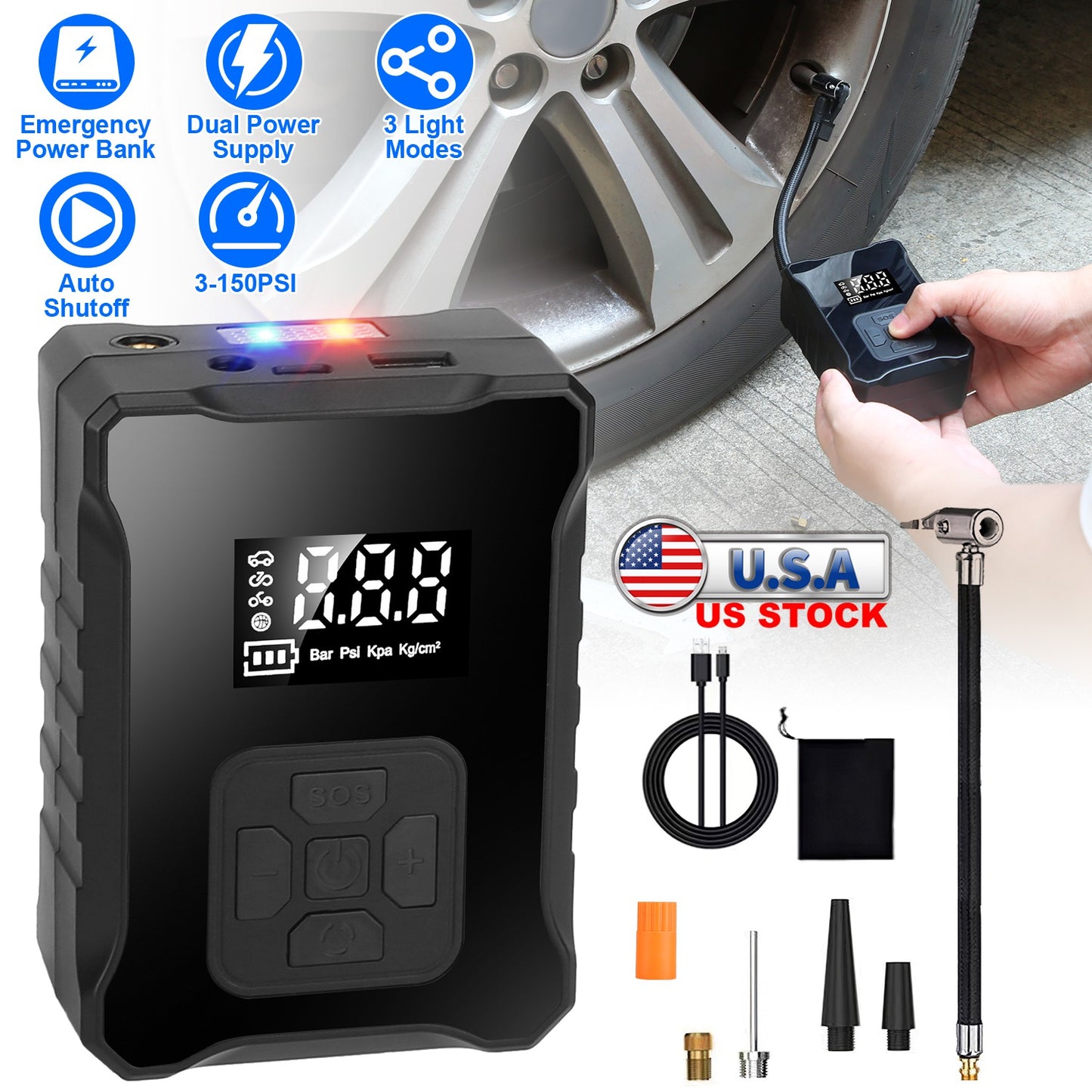 Cordless Tire Inflator 150PSI with LED Light & Power Bank