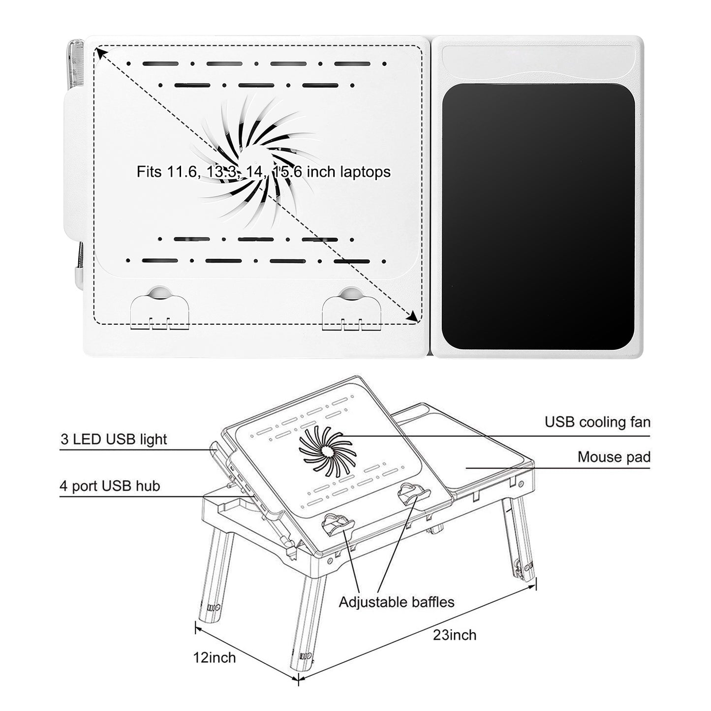 Foldable Laptop Desk with Cooling Fan, LED Light & USB Ports