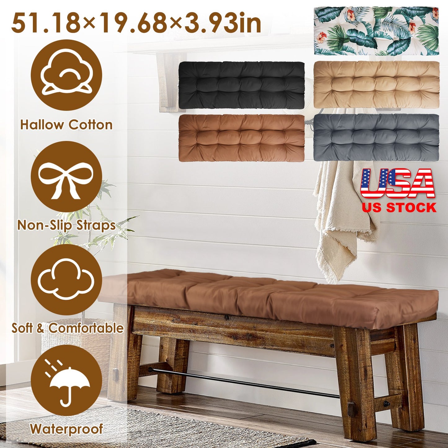 Bench Seat Cushion 51x20 Inch with Ties for Indoor Outdoor Use