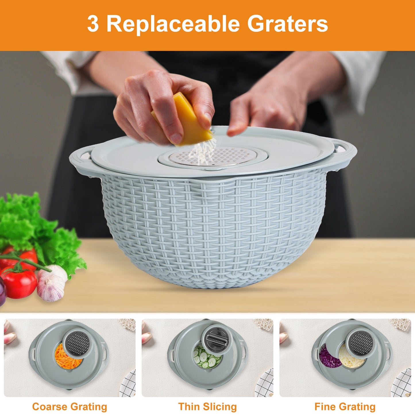 Mixing Bowl with Colander Set & 3 Graters - Multifunctional