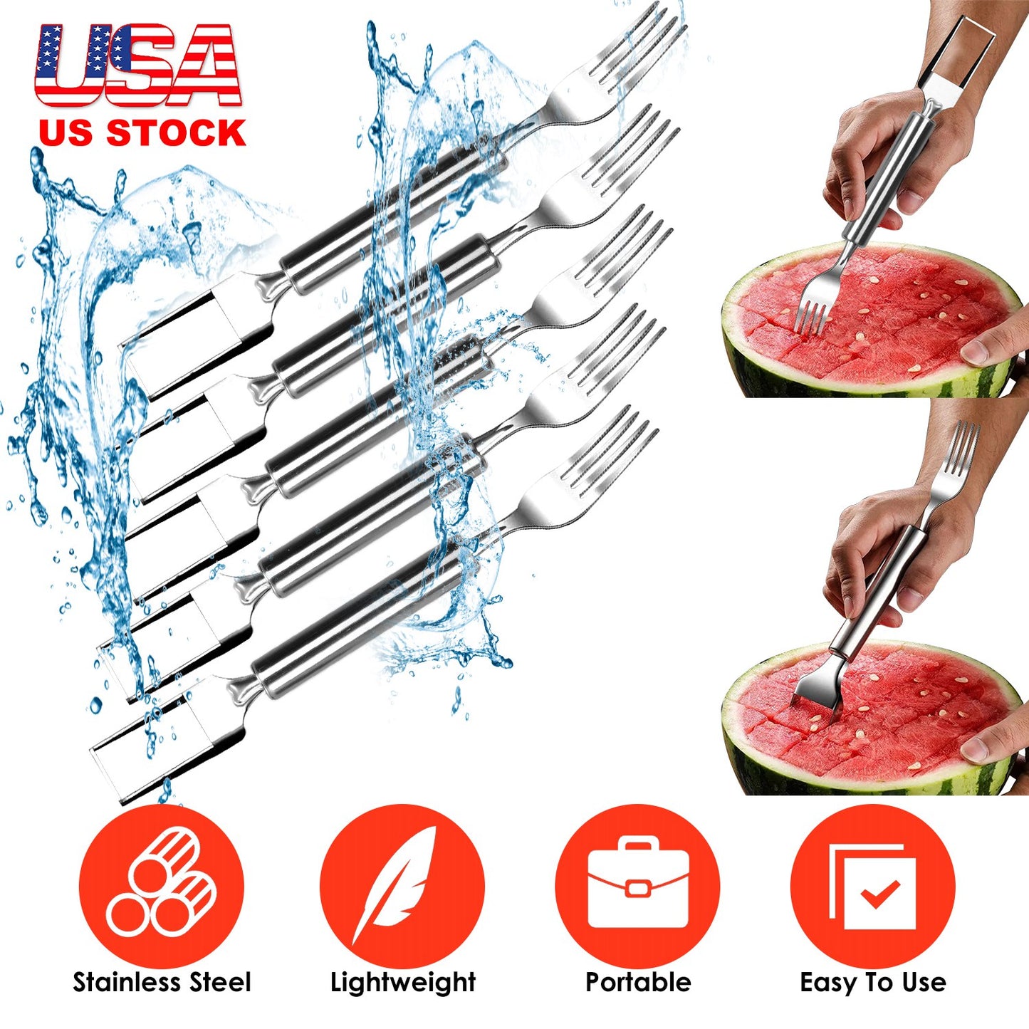 2-in-1 Watermelon Slicer Fork Set - Stainless Steel (5 Pack)