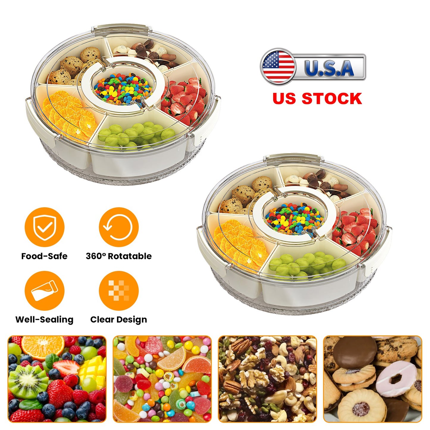 Divided Serving Tray with Lid - 6 Compartments, Rotatable