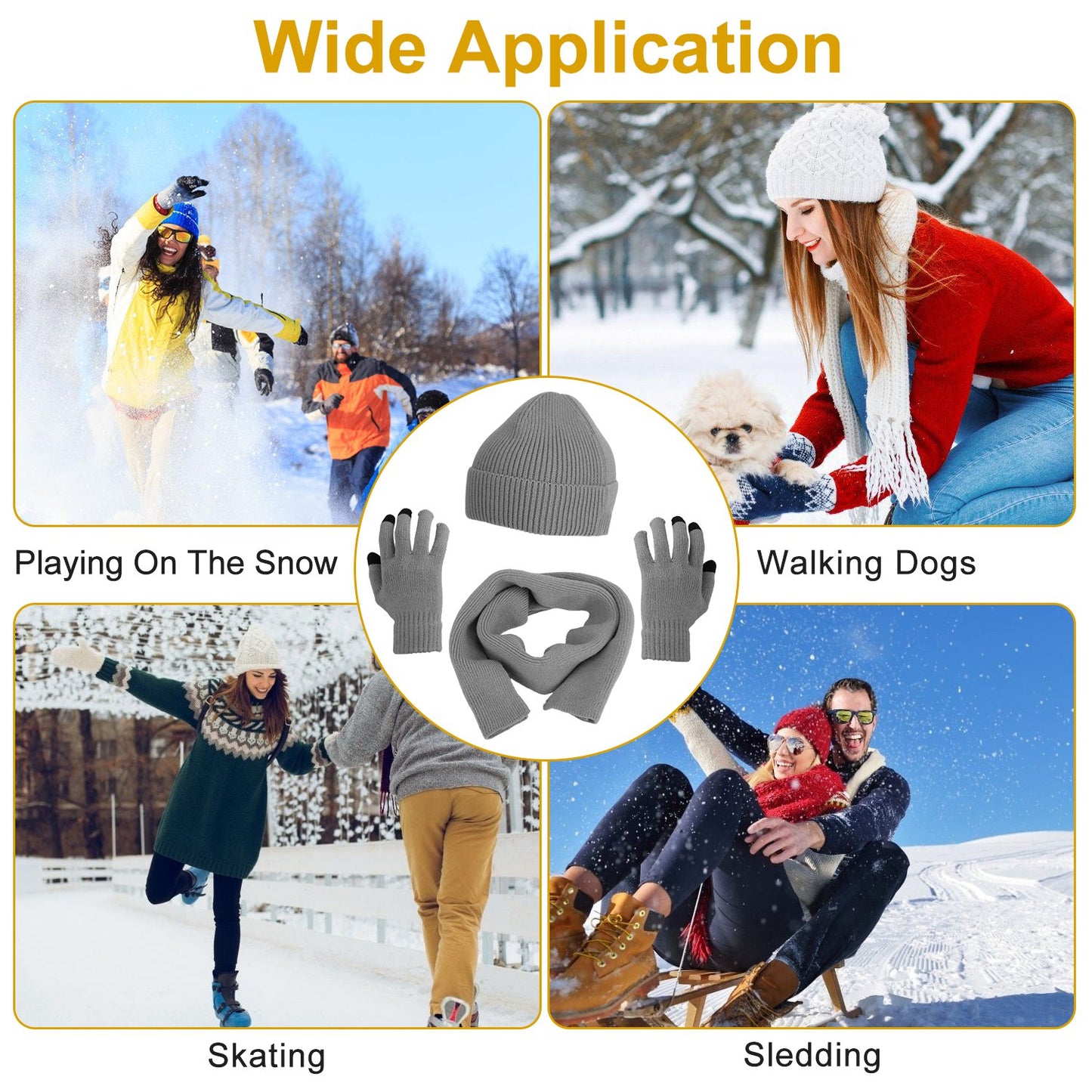 3Pcs Winter Warm Beanie and Touch Screen Gloves