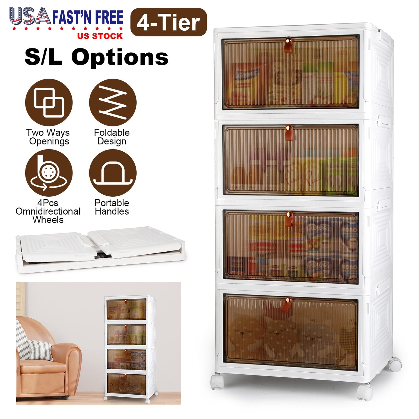 4-Tier Stackable Storage Bins with Wheels and Magnetic Door
