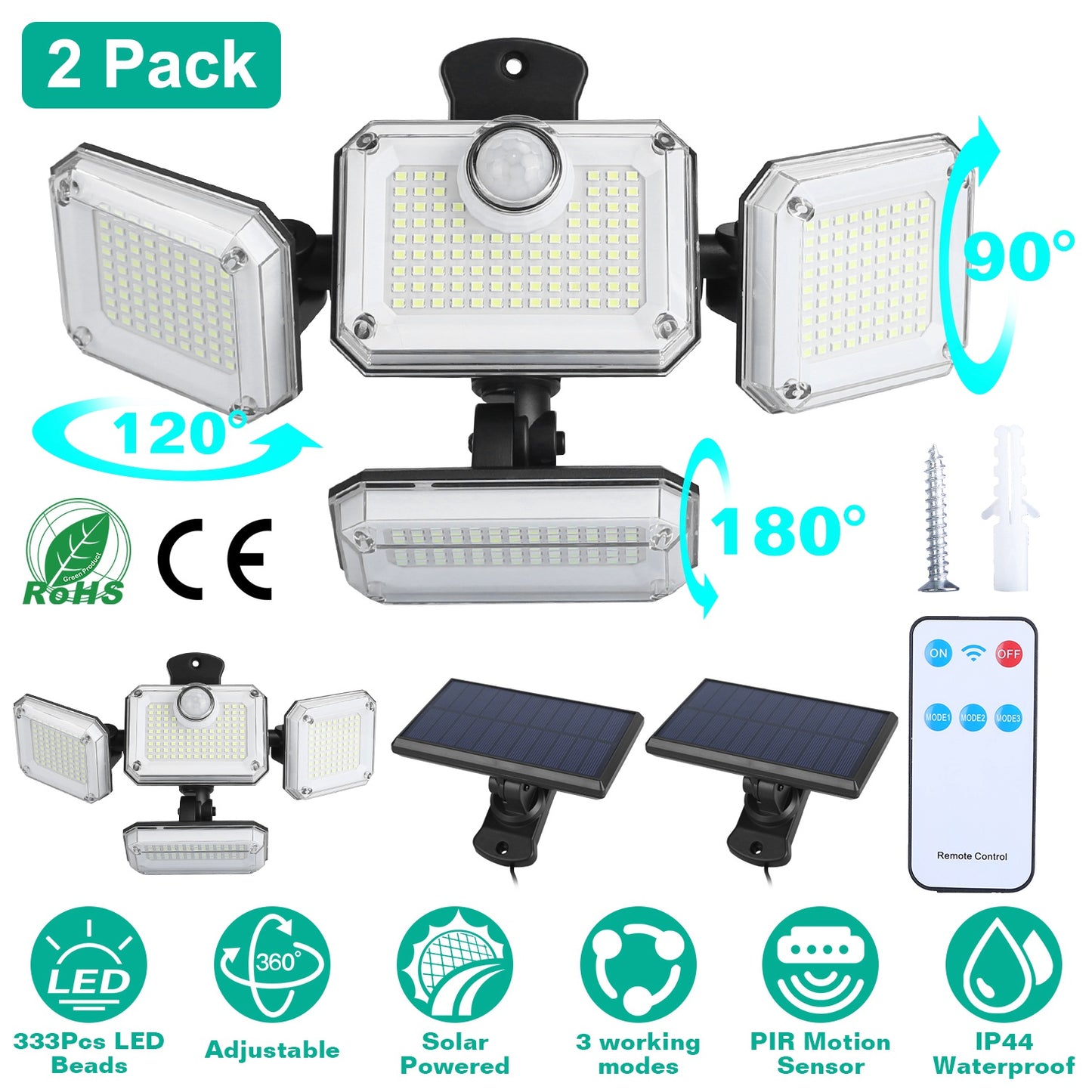 Solar Motion Sensor Wall Light 2-Pack with 333 LED Beads