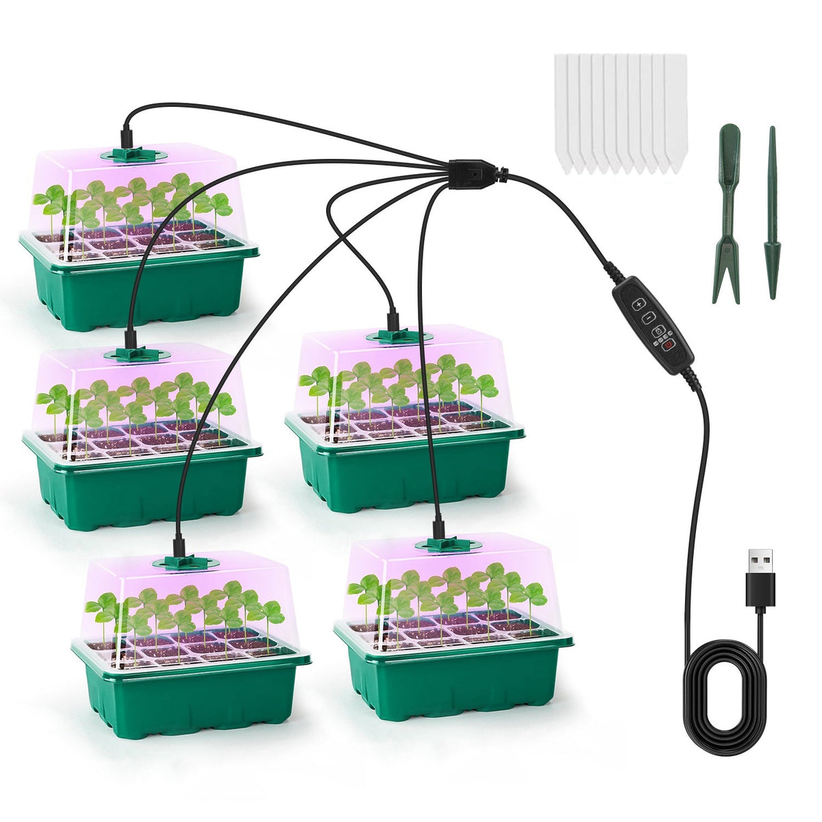 5Packs Seed Starter Tray With Grow Light Humidity Dome Germination Kit with 5-Level Brightness 4 Timers for Indoor Greenhouse