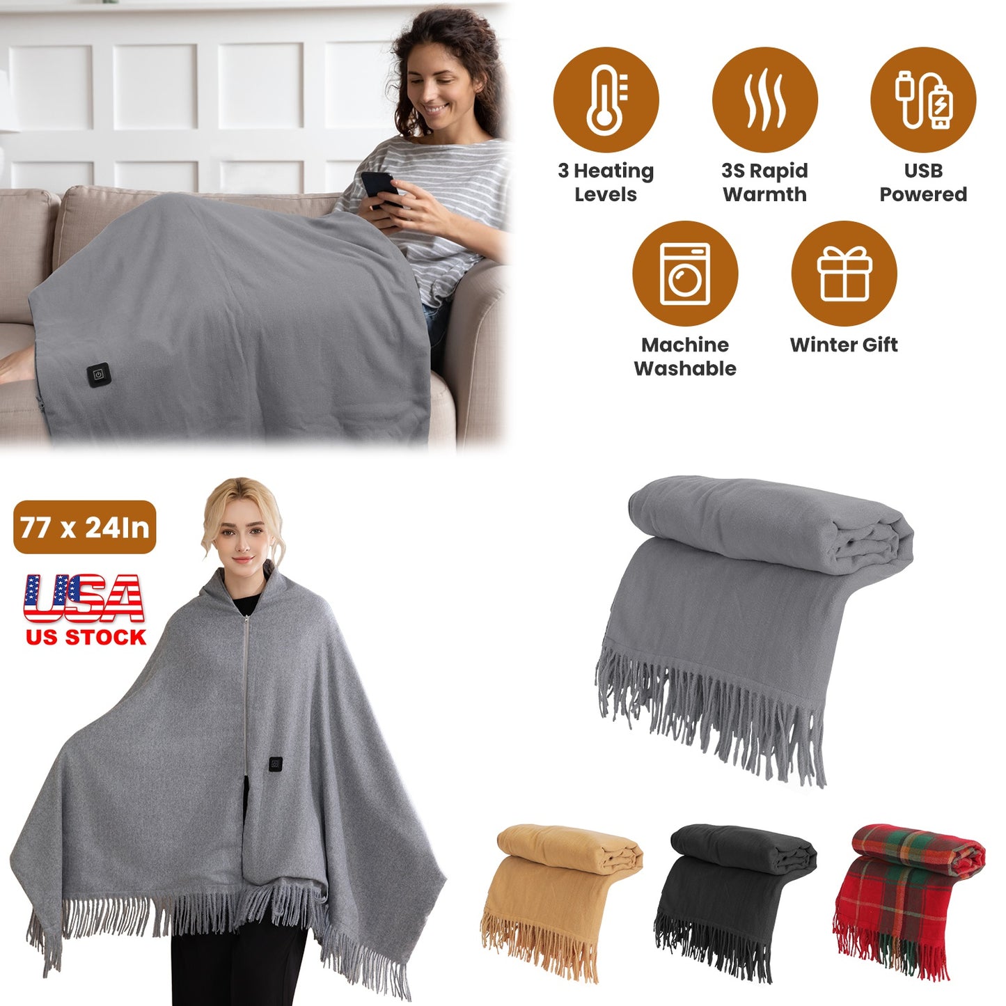 USB Heated Shawl with 3 Heat Levels and Zipper