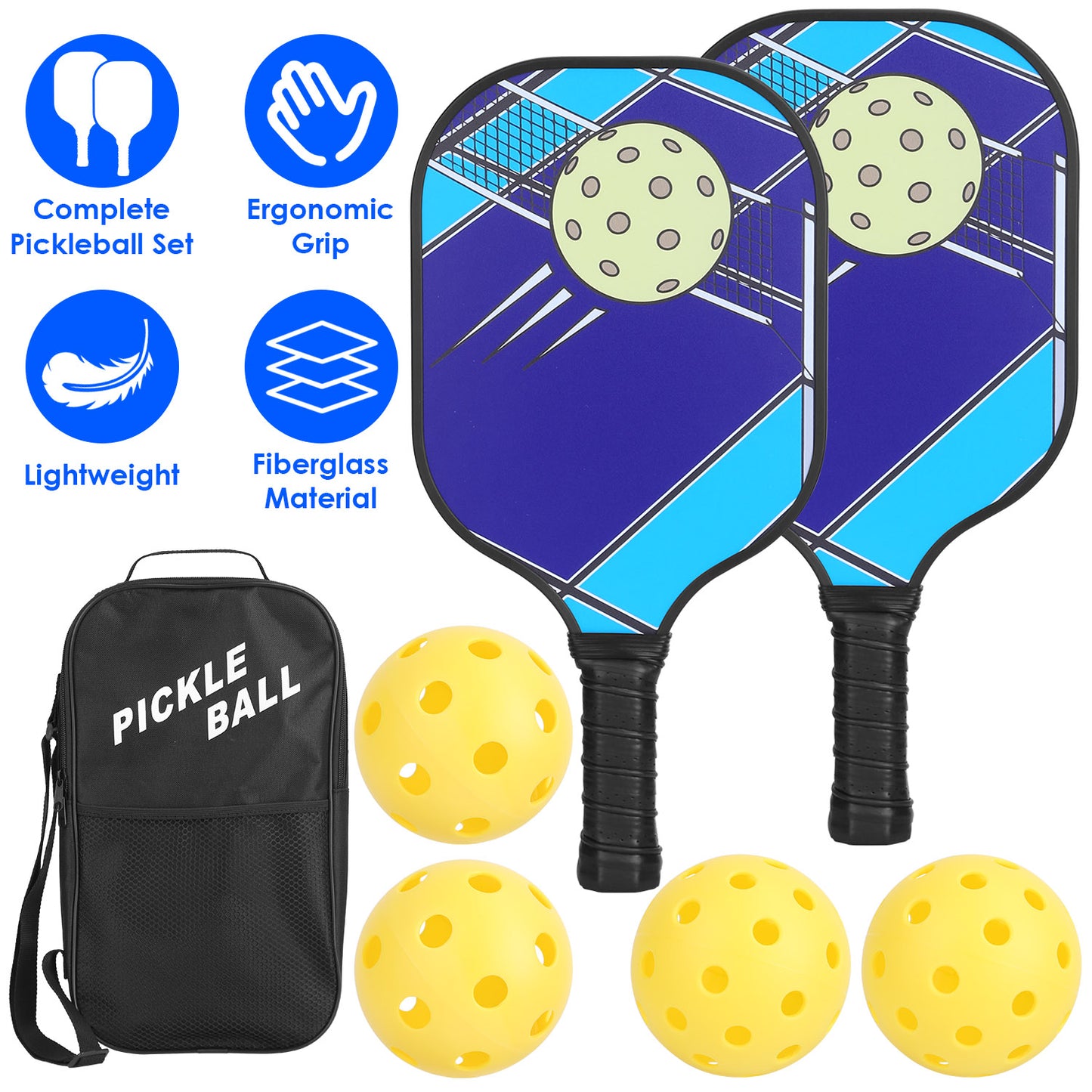 Pickleball Set with 2 Fiberglass Paddles & 4 Balls