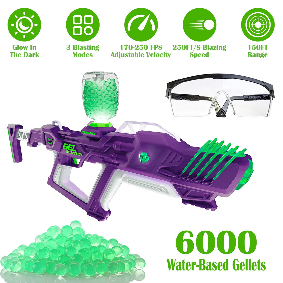 Gel Blaster Starfire XL Glow-in-The-Dark Blaster Toy Gun High Performance Splat Gun Toy with 6000 Gellets 170-250 FPS