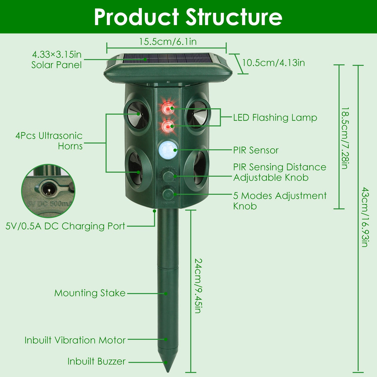 Solar Ultrasonic Animal Repeller Solar Powered Animal Repellent Chaser with PIR Motion Sensor IP54 Waterproof Sound Flashing Light for Deer Raccoon Sq