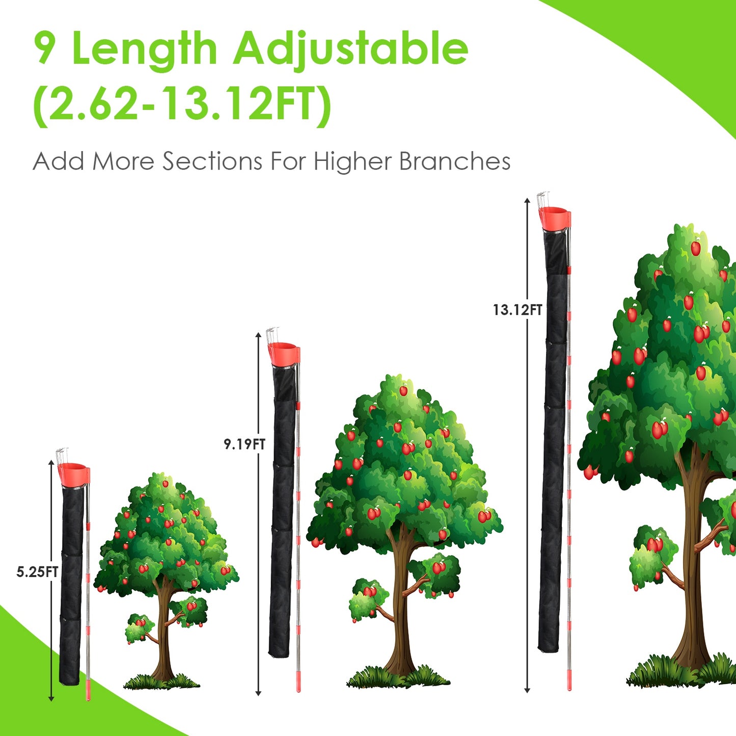 Fruit Picker Pole with Harvest Bag - 13.43ft Telescopic Reach