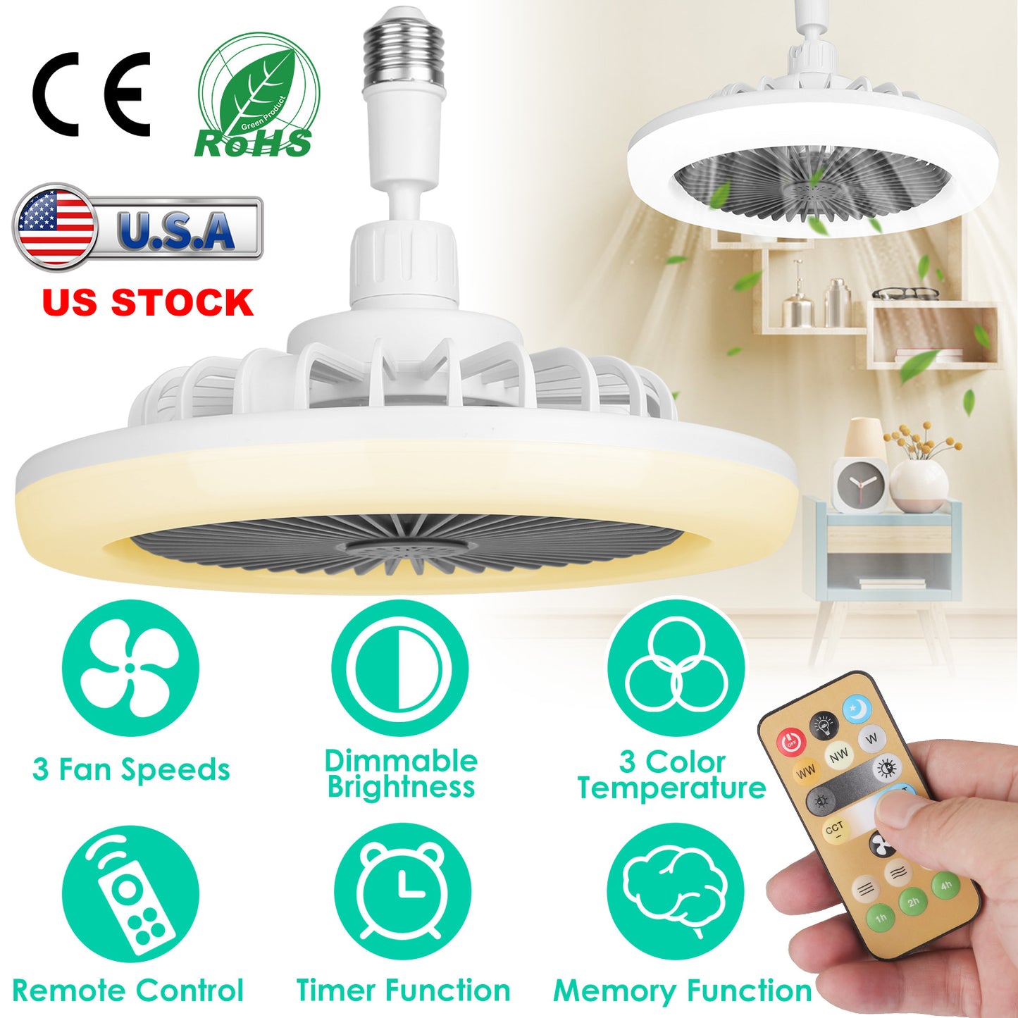 E27 Socket Ceiling Fan with Dimmable LED Light & Remote