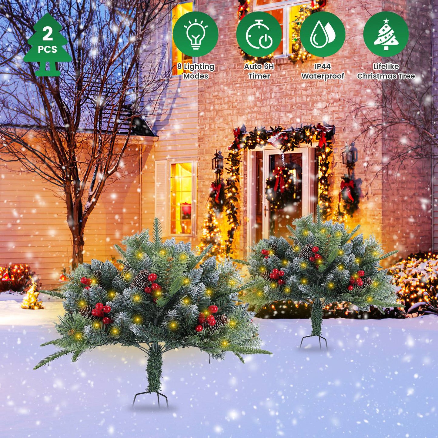 LED Christmas Tree Urn Filler with Lights and Timer - 2 Pack