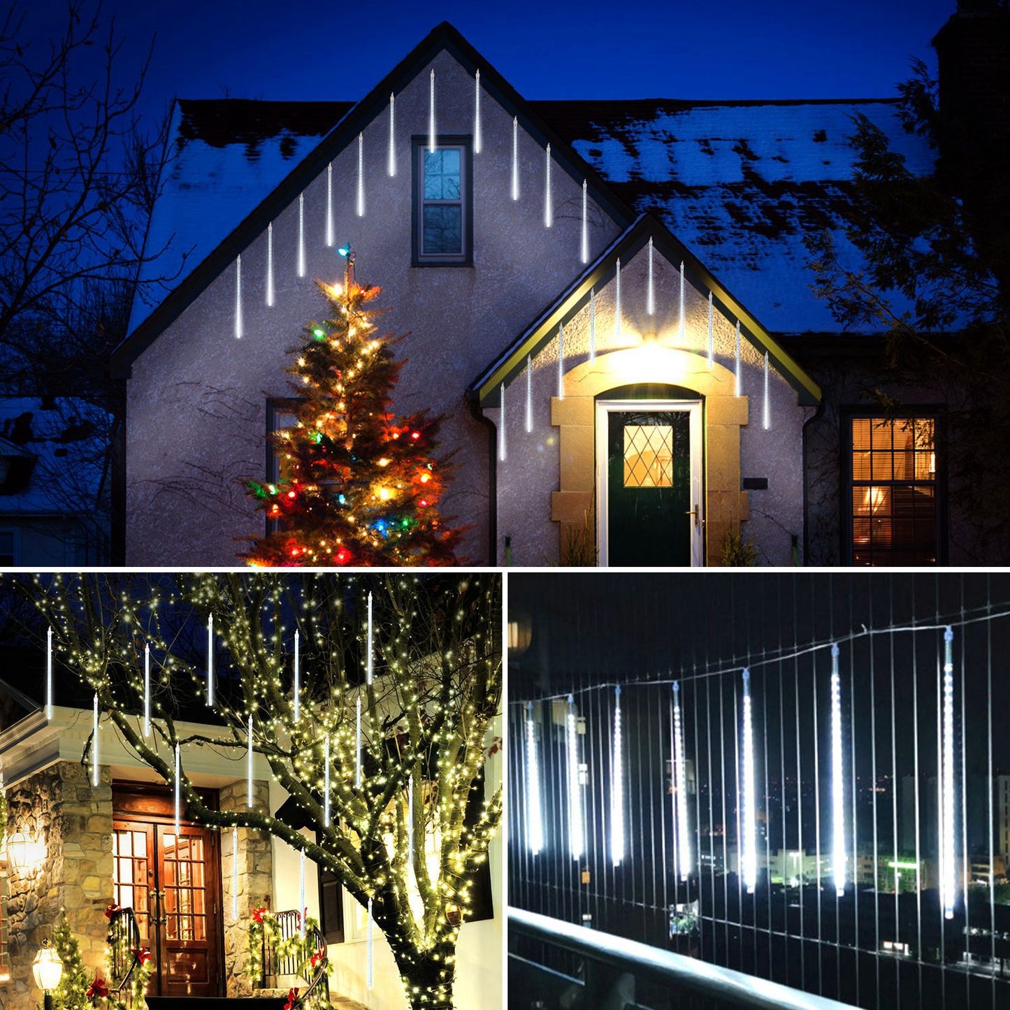 Solar Meteor Shower String Lights 8 Tubes 144 LED Waterproof