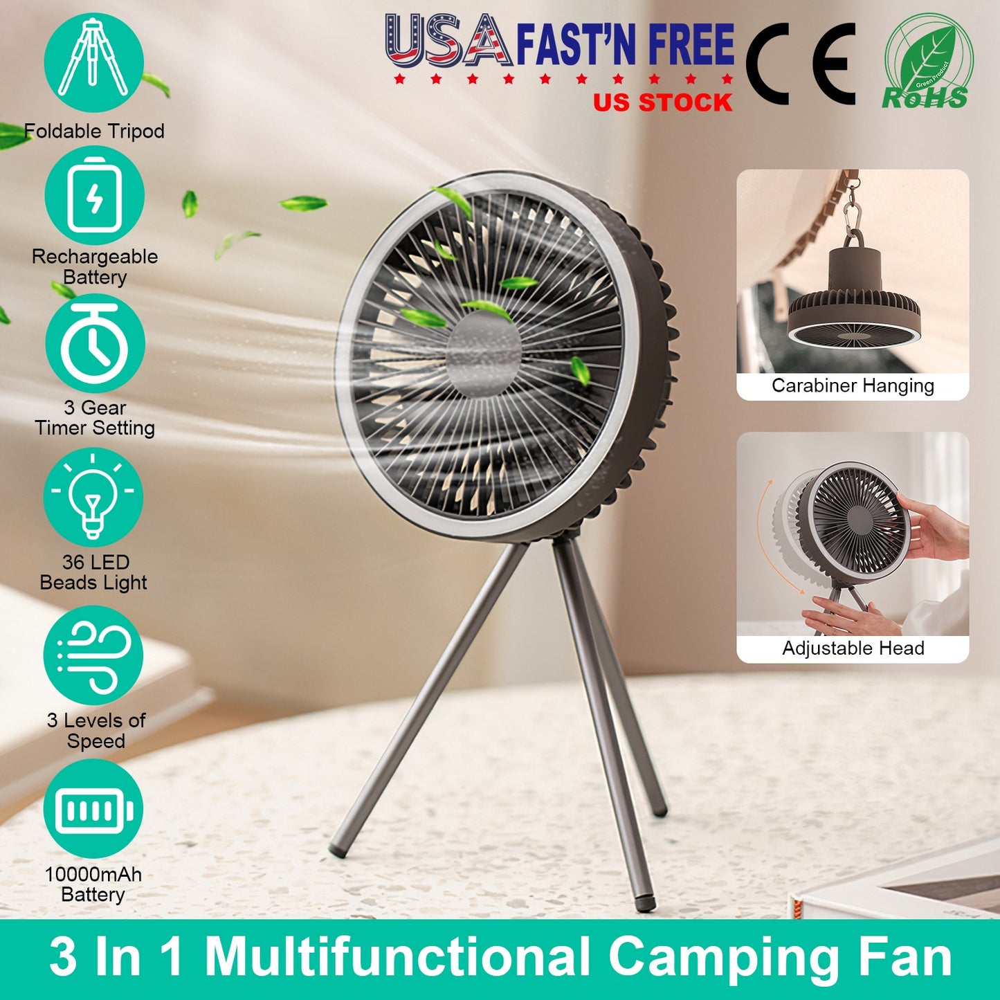 Camping Fan with LED Lantern 10000mAh Rechargeable Battery