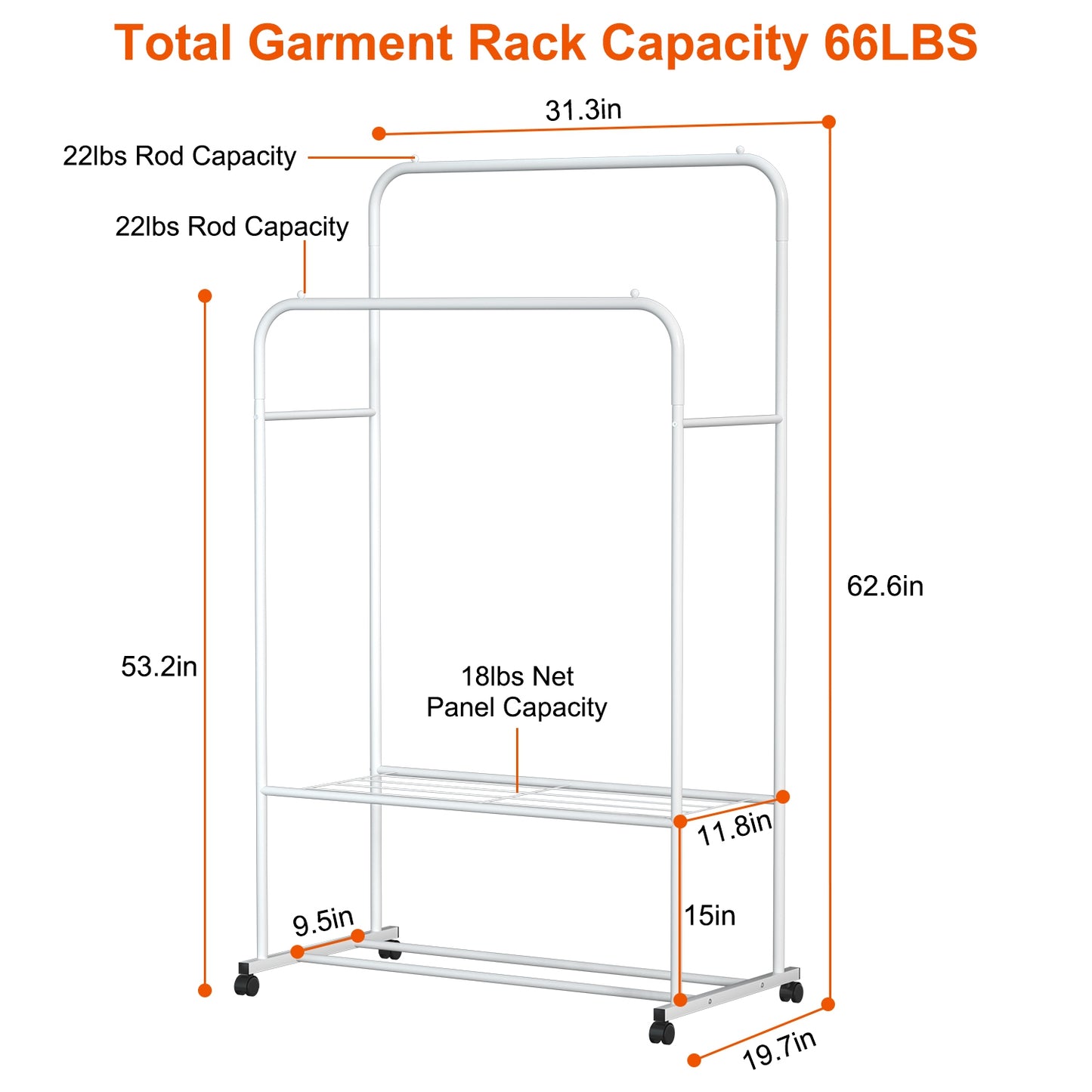 Rolling Garment Rack with Shoe Shelf and Dual Hanging Rails