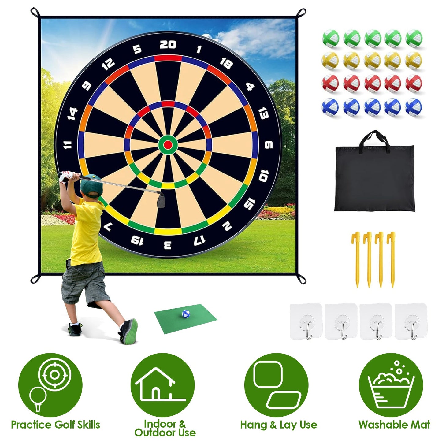 Golf Chipping Dart Game Mat Set with 20 Sticky Balls
