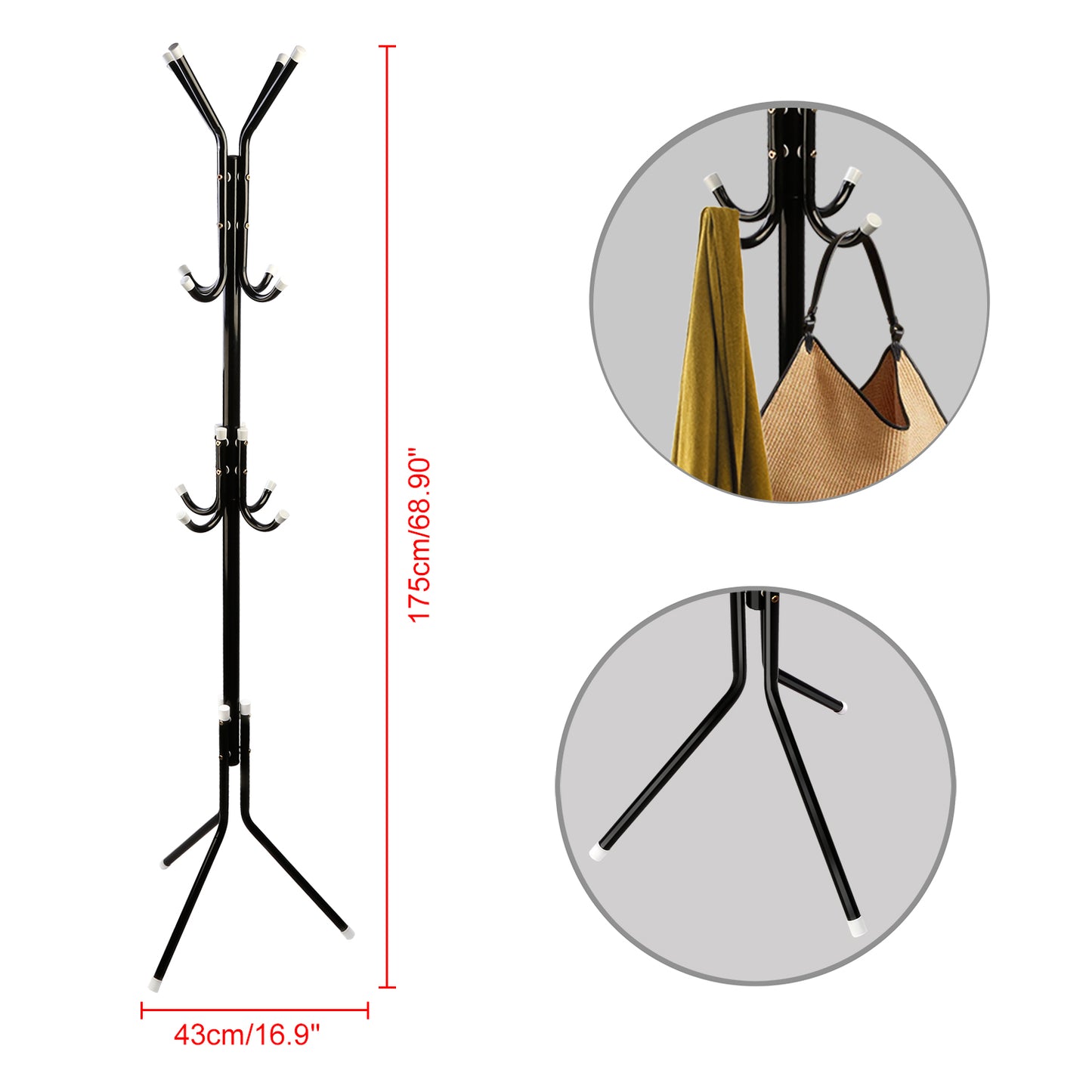 Standing Coat Rack with 8 Hooks - 3 Tier Metal Organizer