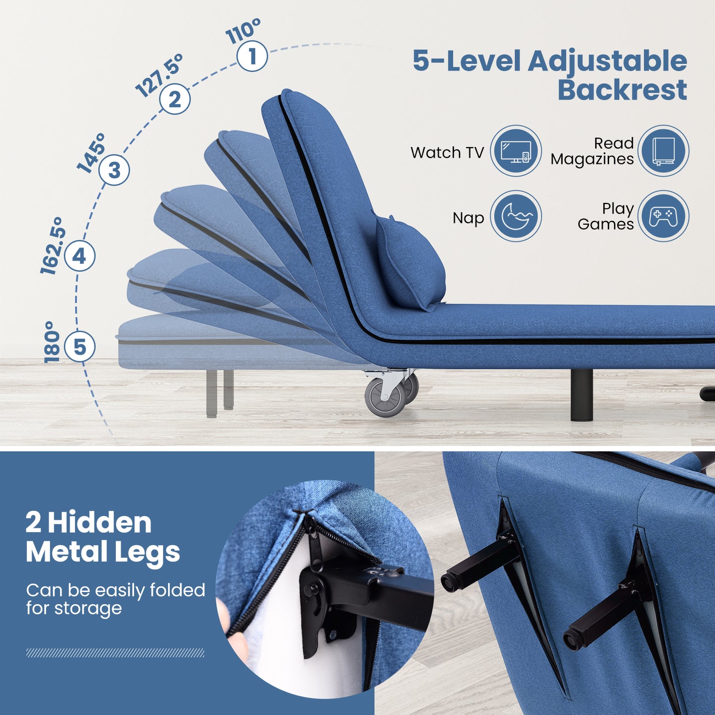 Convertible Sofa Bed with 5-Position Adjustable Backrest