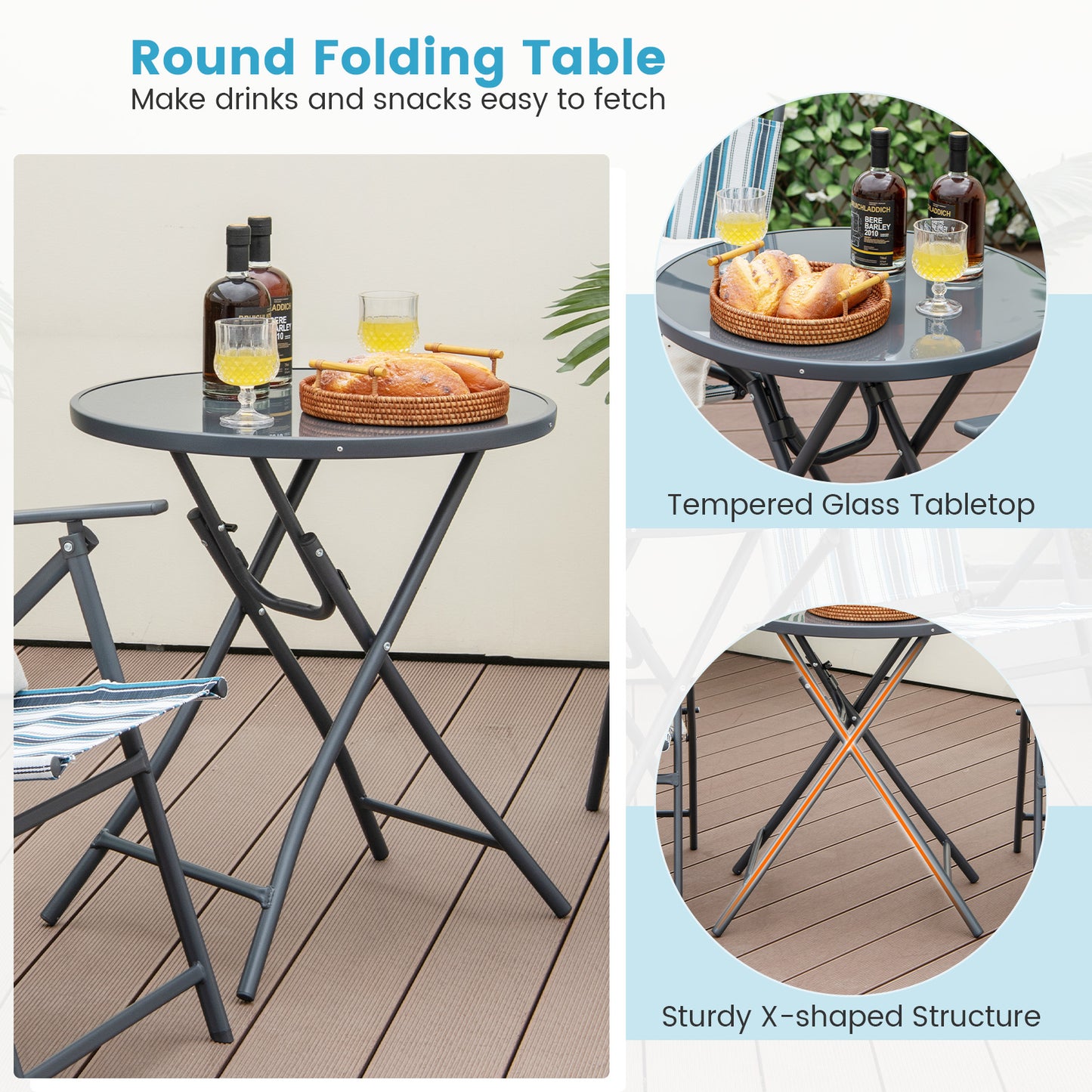 3-Piece Folding Patio Set with Round Table and Chairs